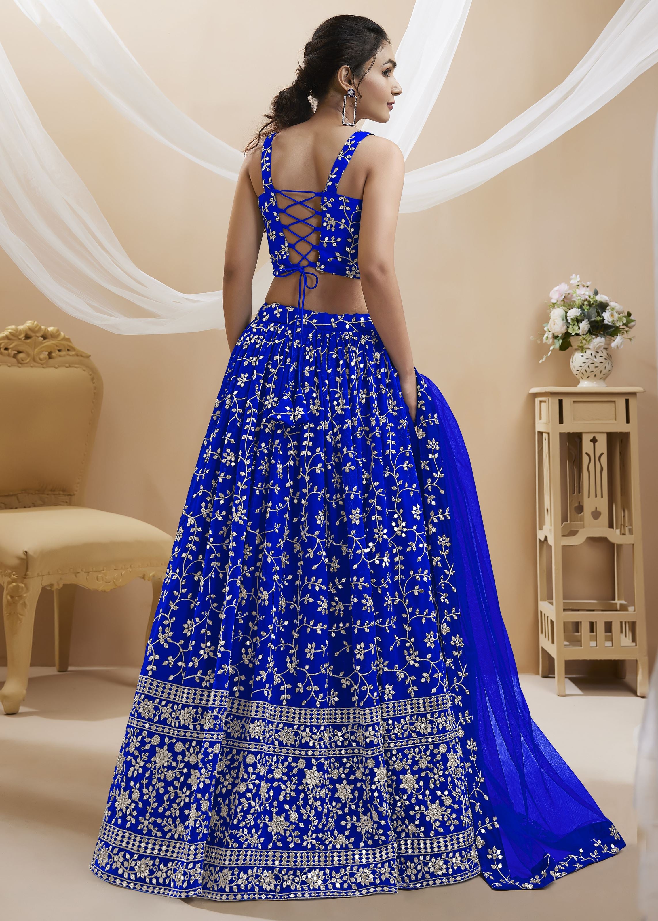 Blue Georgette Lehenga Choli With Sequins Zari Embroidered Work