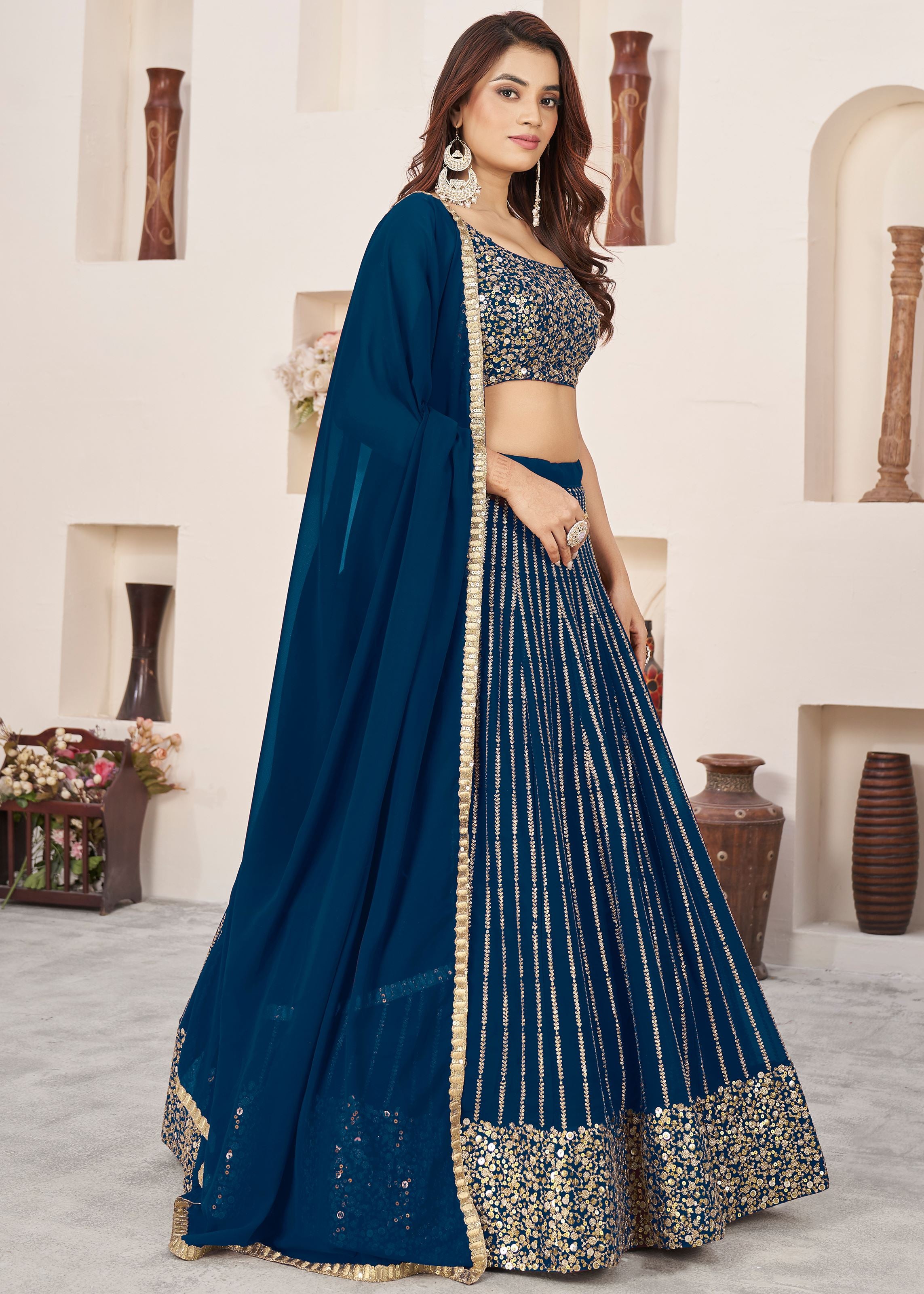 Blue Georgette Lehenga Choli With Sequins Zari Embroidered Work