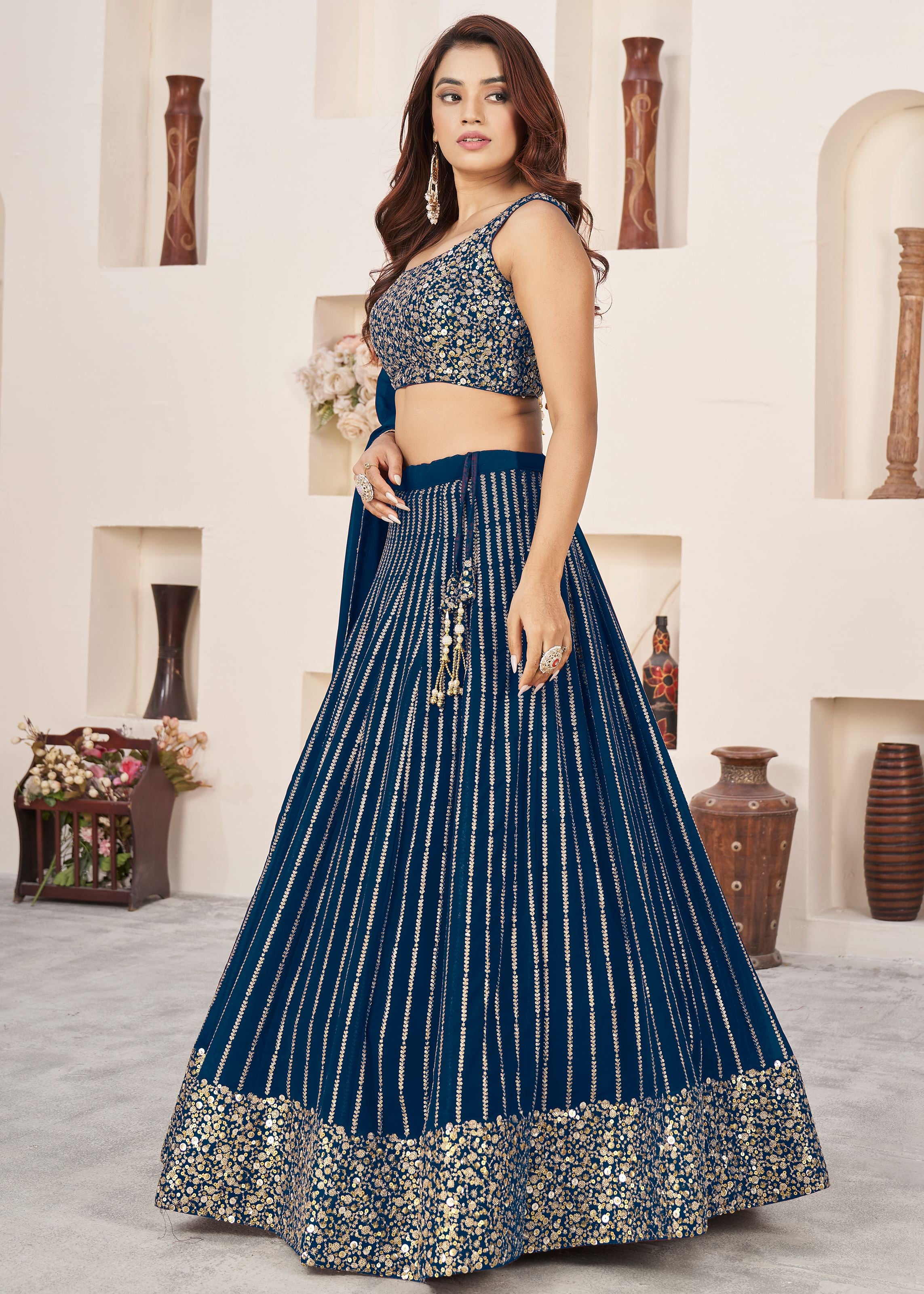 Blue Georgette Lehenga Choli With Sequins Zari Embroidered Work