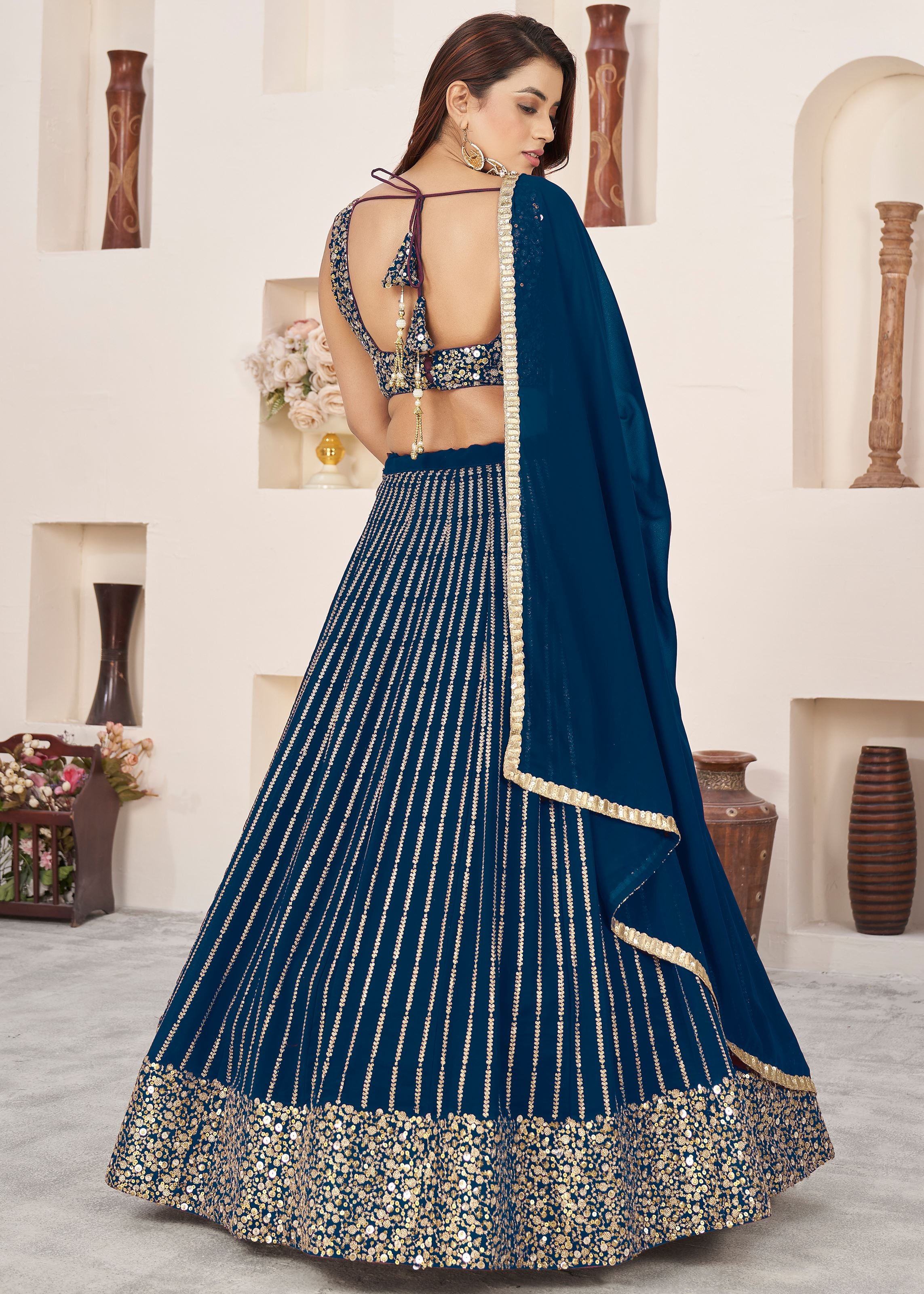 Blue Georgette Lehenga Choli With Sequins Zari Embroidered Work
