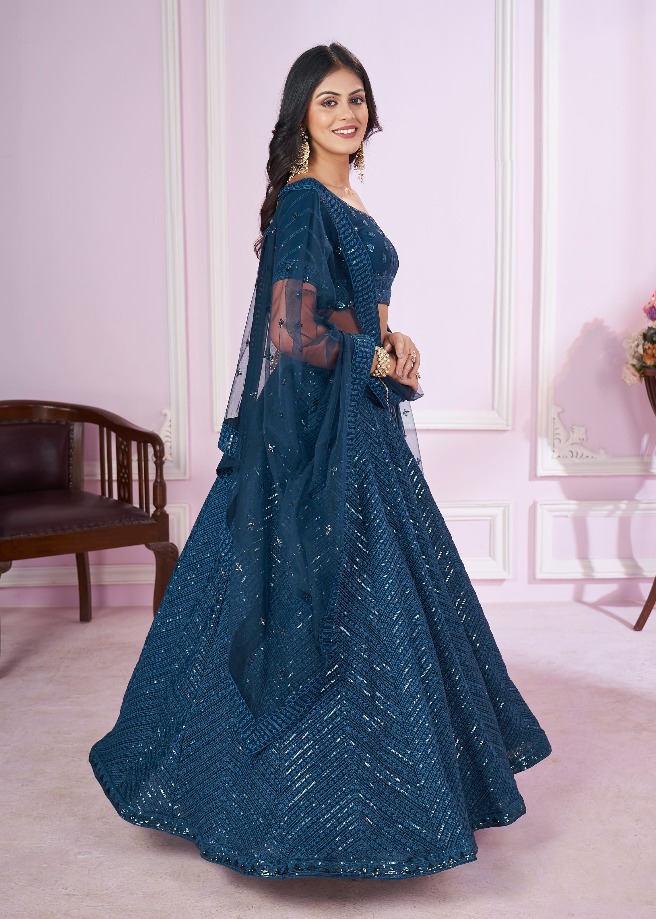 Blue Georgette Lehenga Choli With Sequins, Thread Embroidery Work
