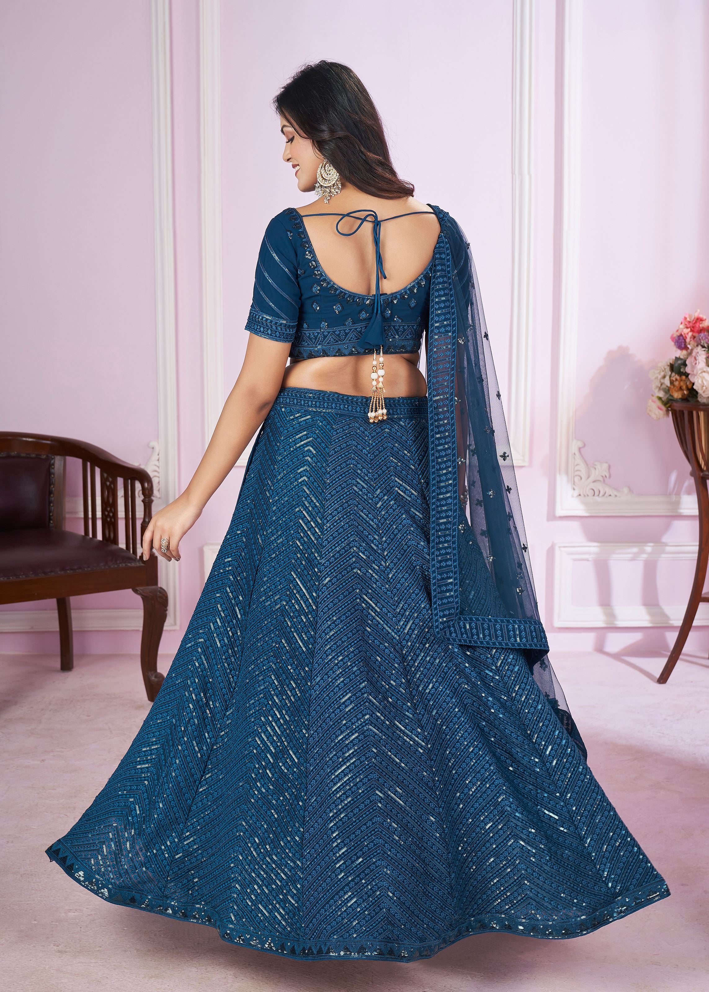 Blue Georgette Lehenga Choli With Sequins, Thread Embroidery Work