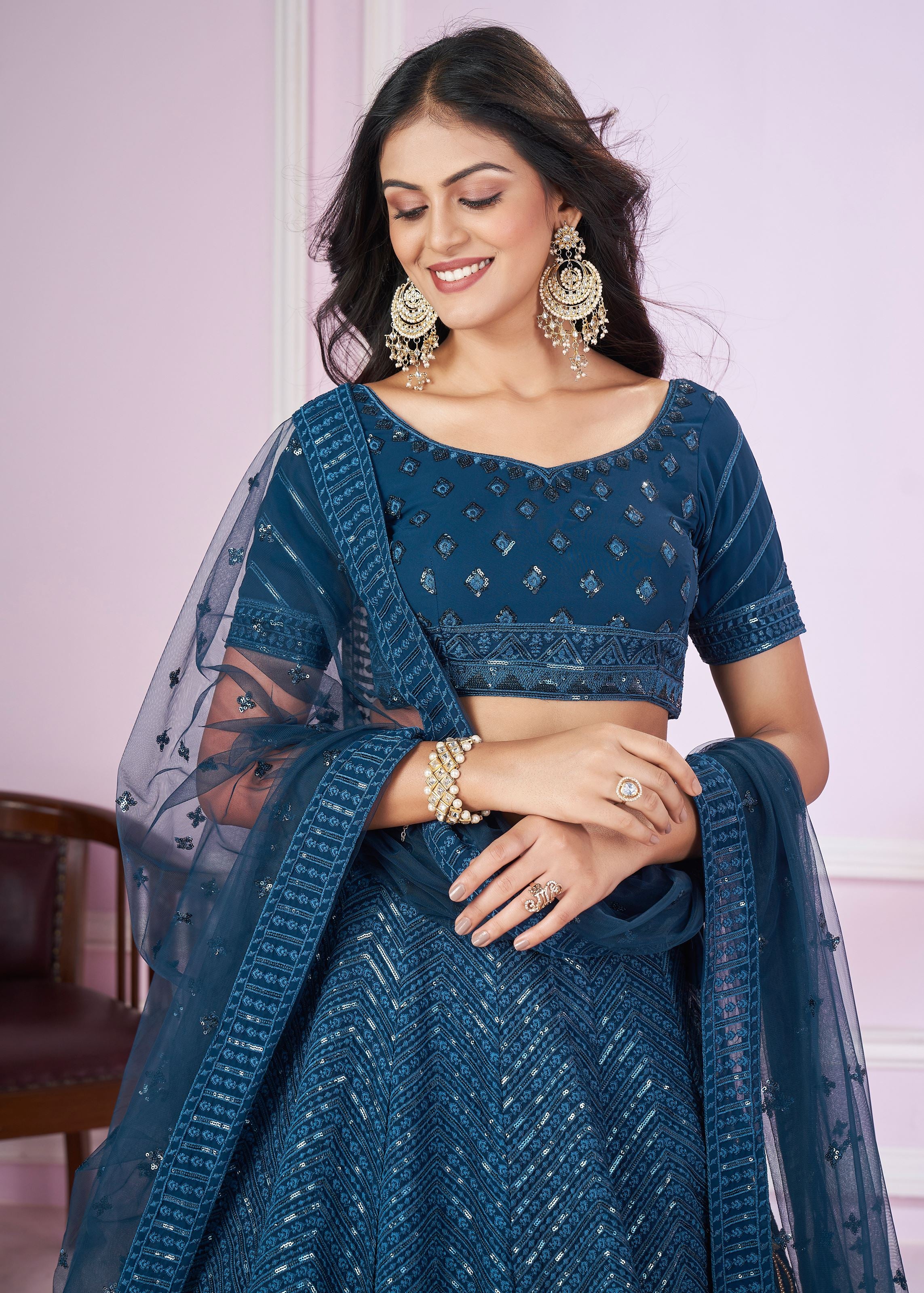 Blue Georgette Lehenga Choli With Sequins, Thread Embroidery Work