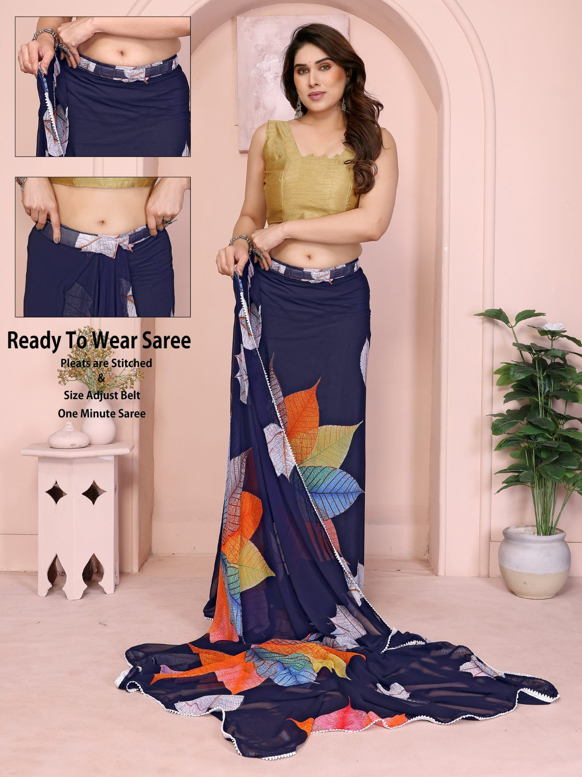 Blue Georgette Ready-to-Wear Printed Saree with Lace