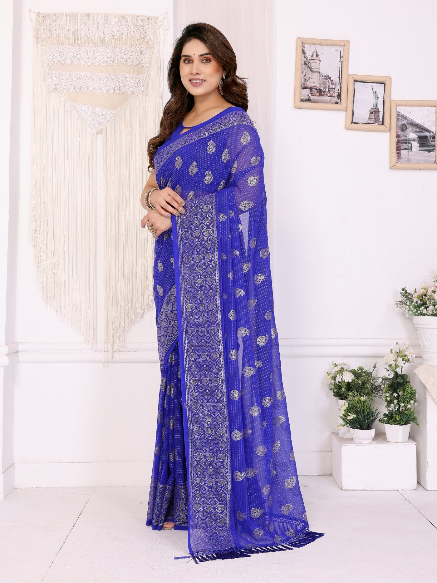 Blue Georgette Saree With Foil Work And Designer Lace Border