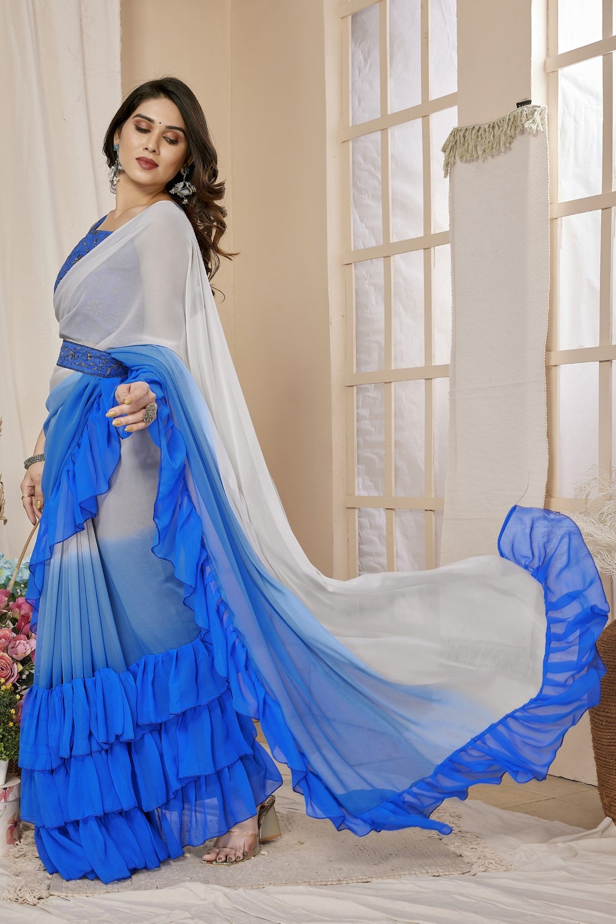 Blue Georgette Saree With Ruffle Saree With Work Blouse