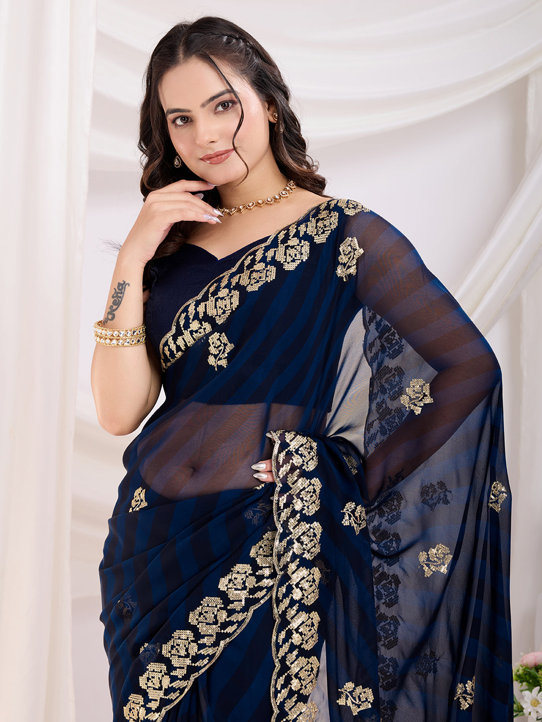Blue Georgette Sequins Designer Bollywood Saree