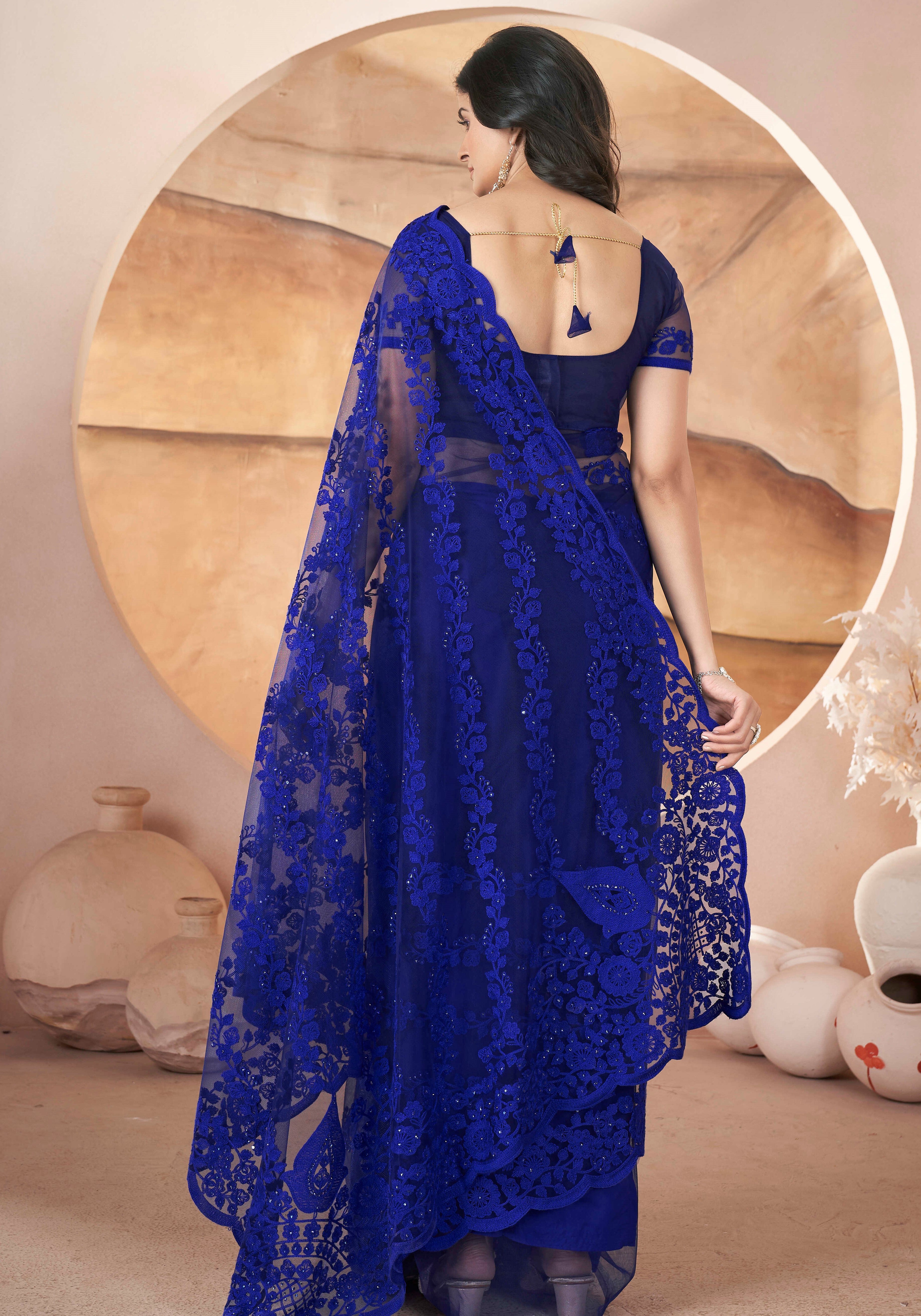 Blue Girlie Butterfly Net Tone To Tone Thread Embroidery With Stone Work Saree