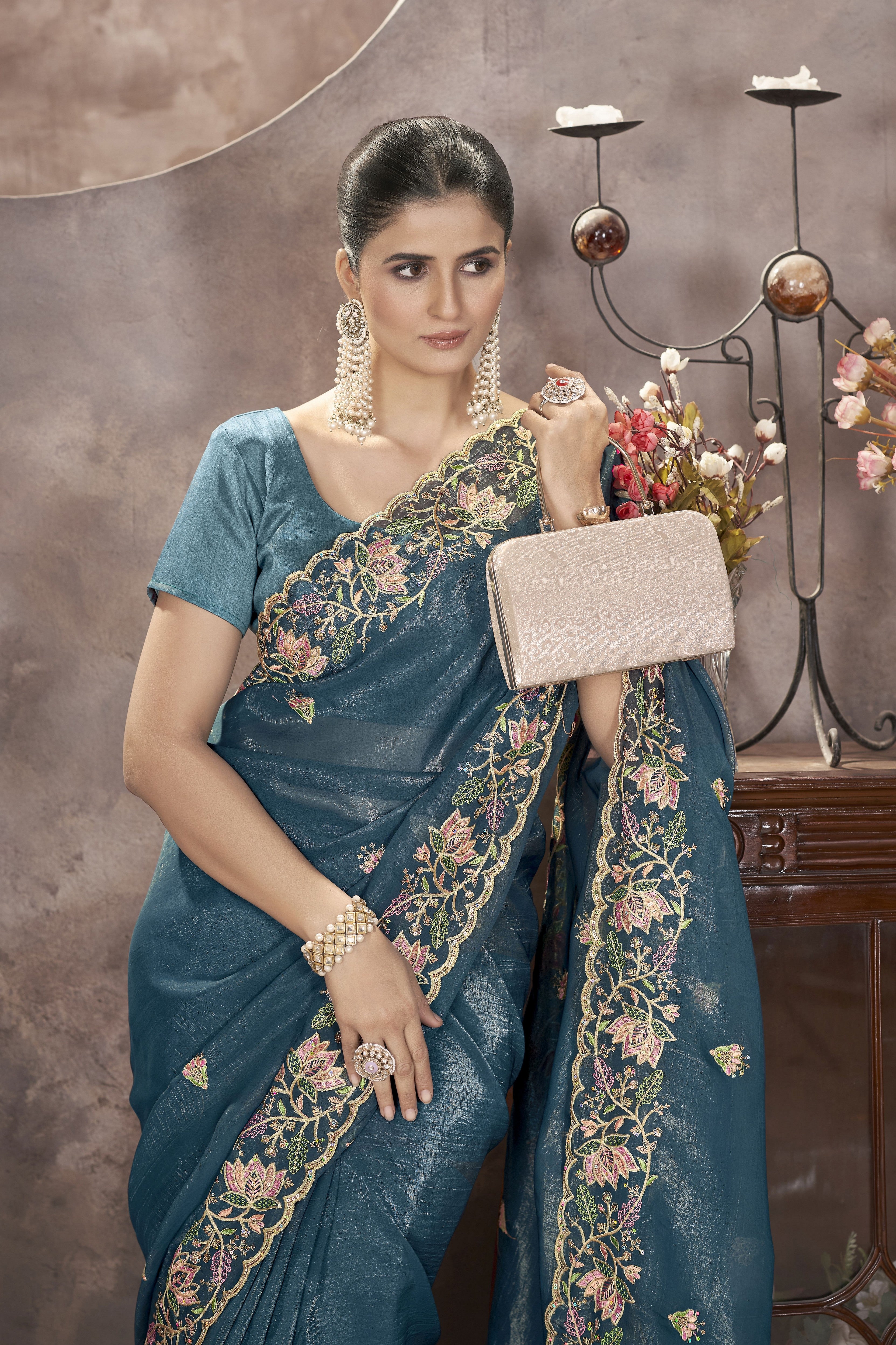 Blue Gold Crunchy Ethnic Partywear Glamorous Saree