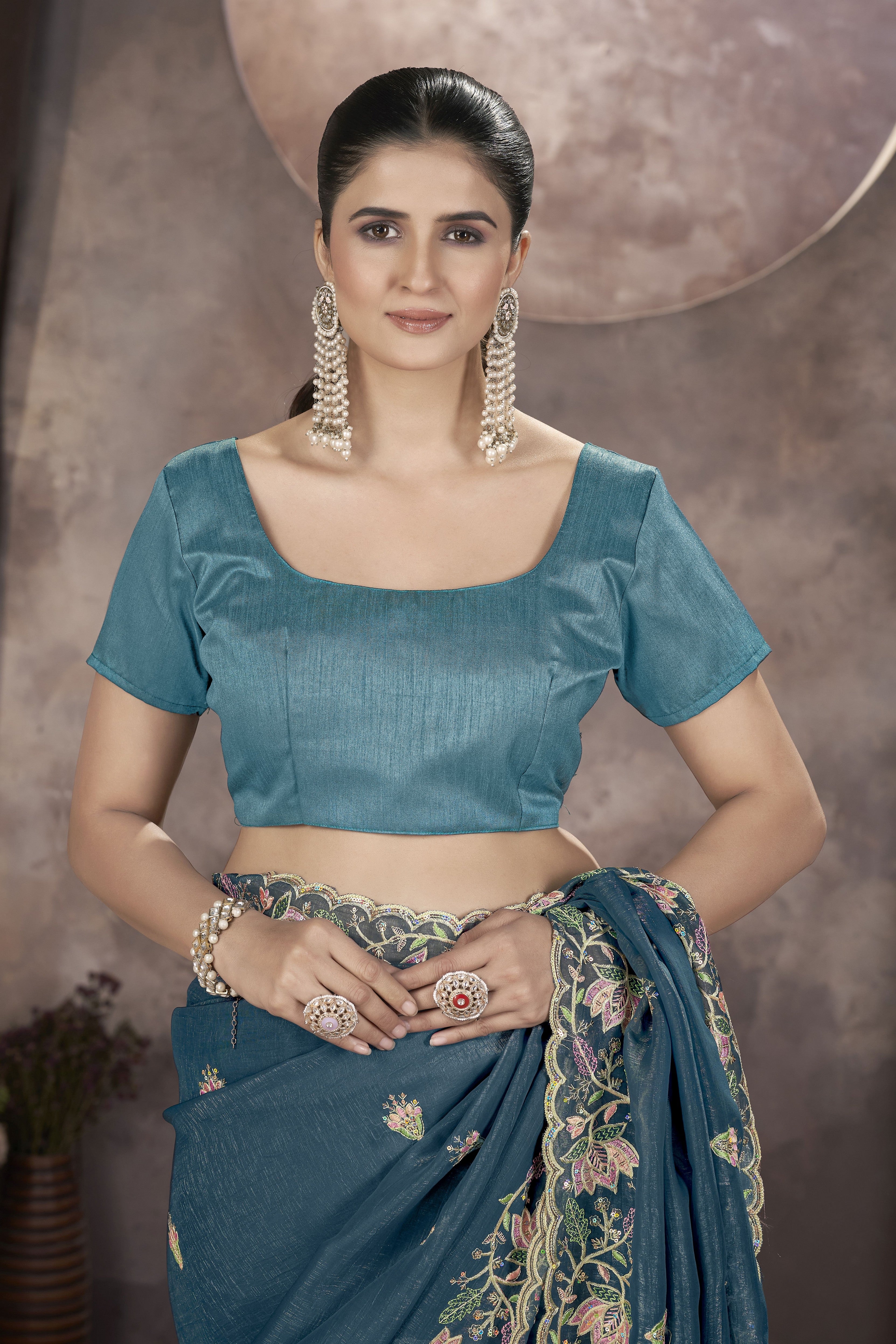 Blue Gold Crunchy Ethnic Partywear Glamorous Saree