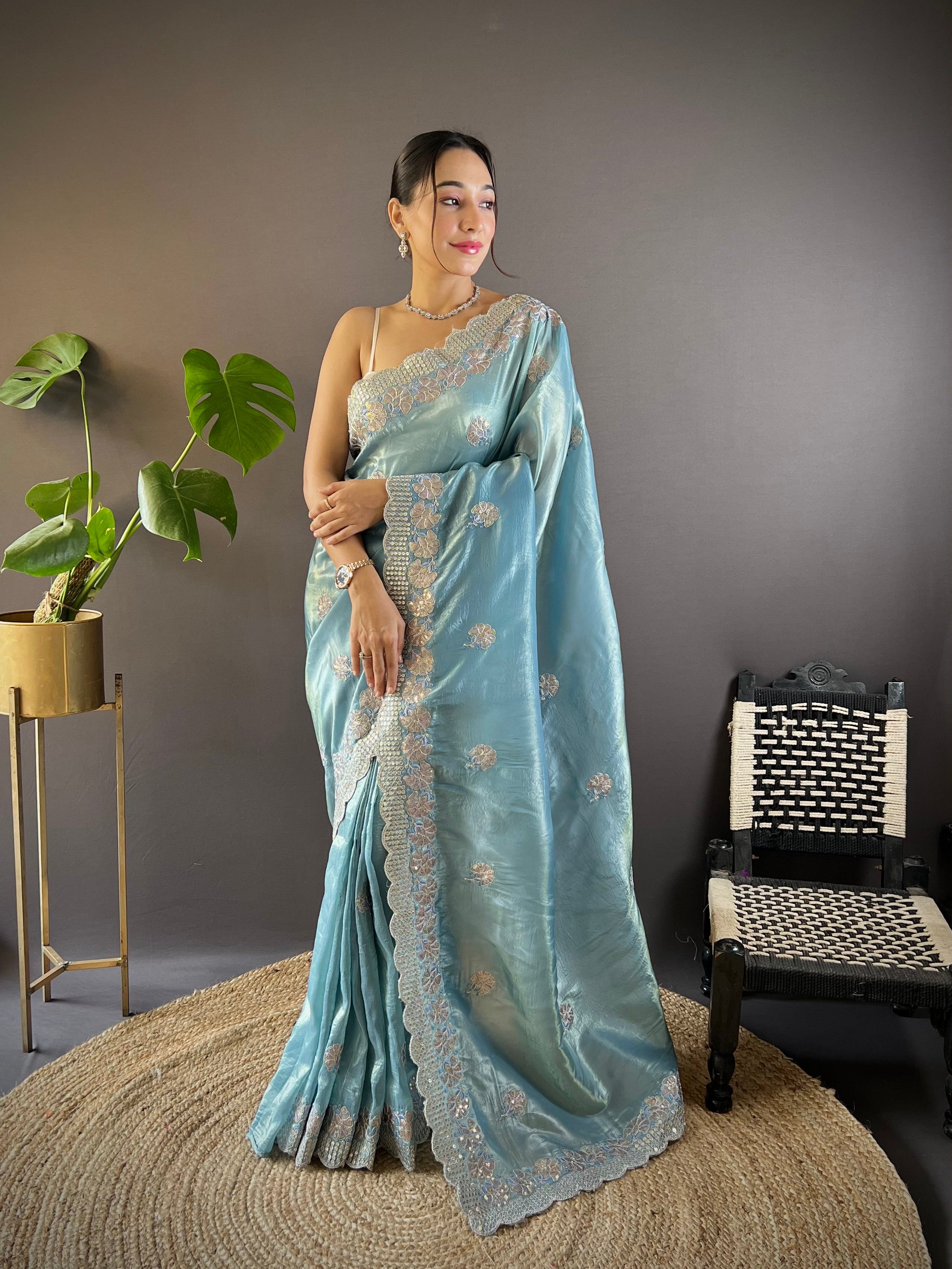 Blue Gold Crunchy Saree With Sequins Embroidery And Cut Work