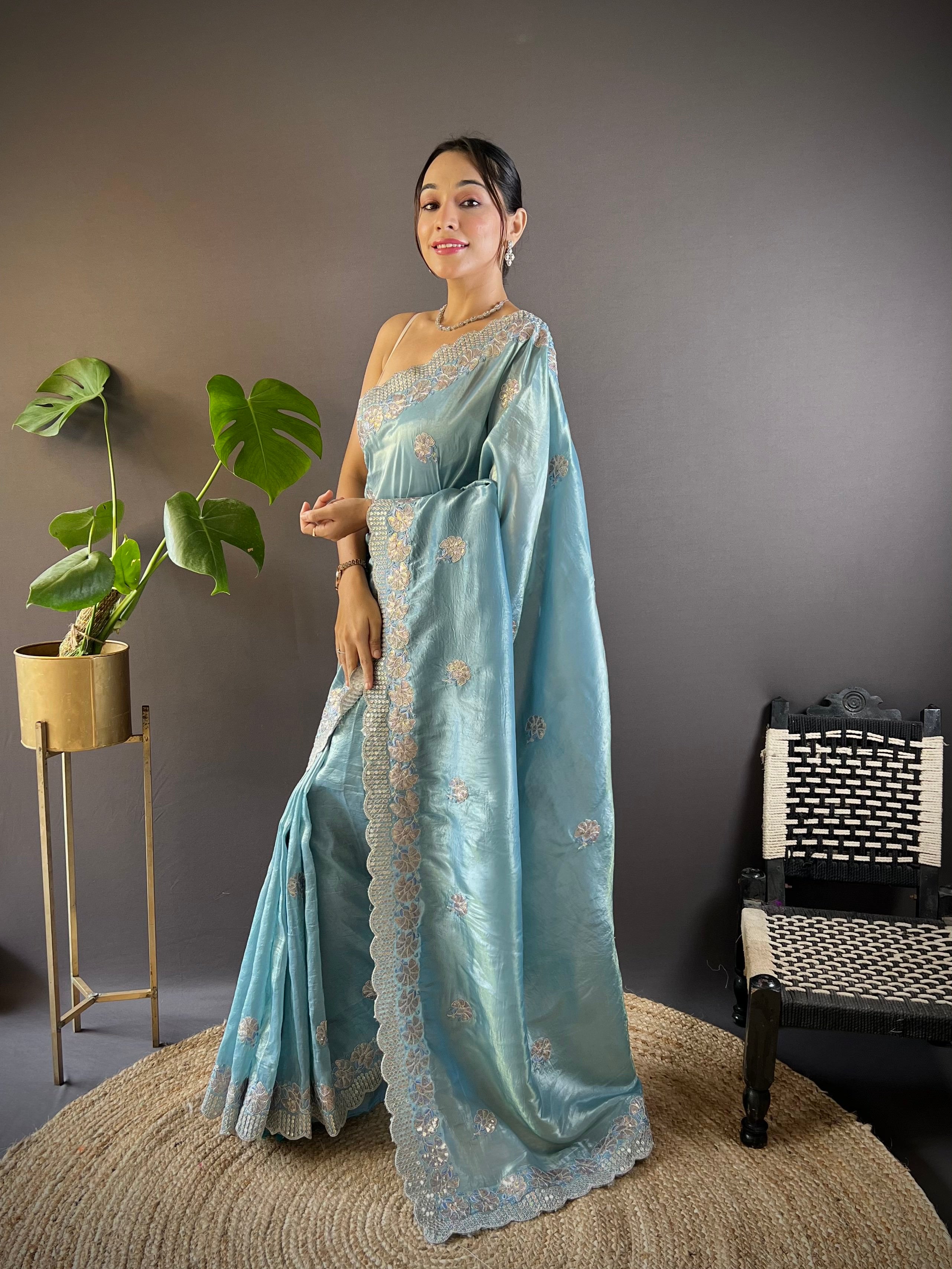 Blue Gold Crunchy Saree With Sequins Embroidery And Cut Work
