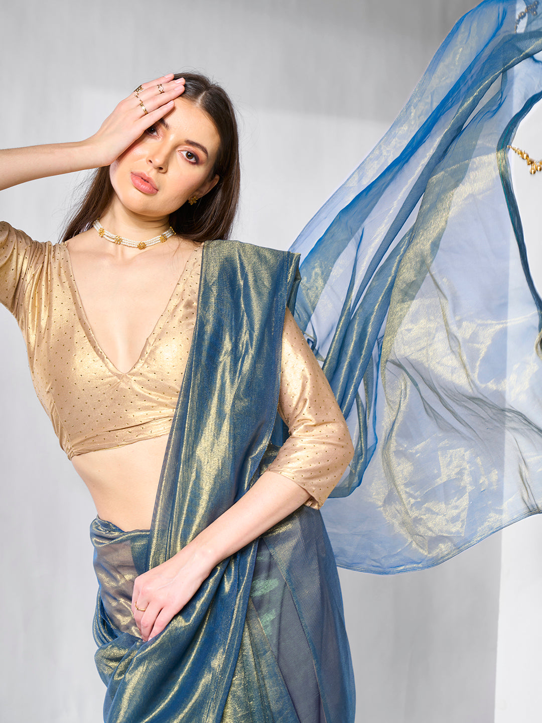 Blue Gold Tissue Net Solid Texture Saree With Graceful Gold Cotted