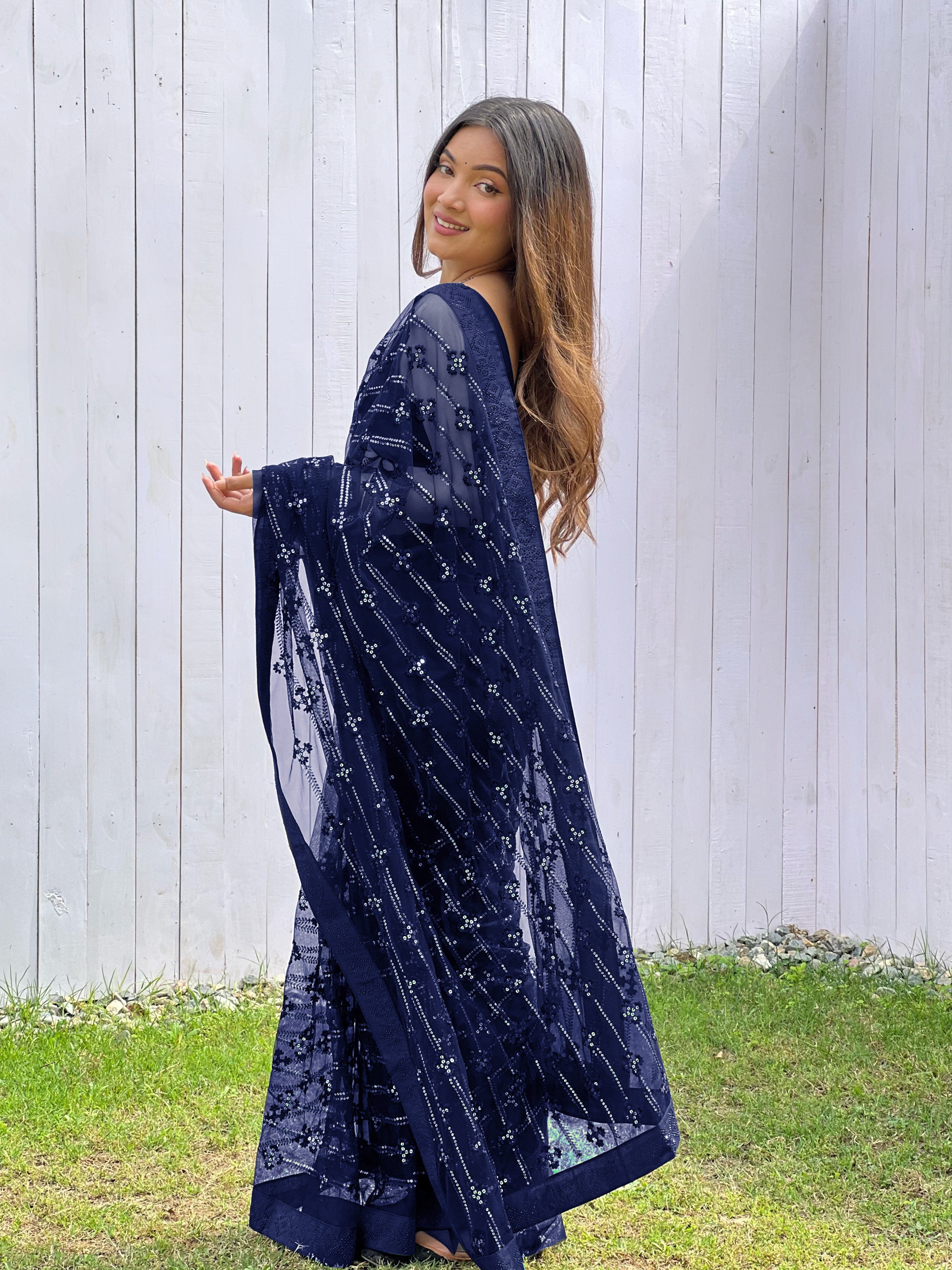 Blue Graceful Butterfly Net Sequins Embroidery Saree With Diamond Work