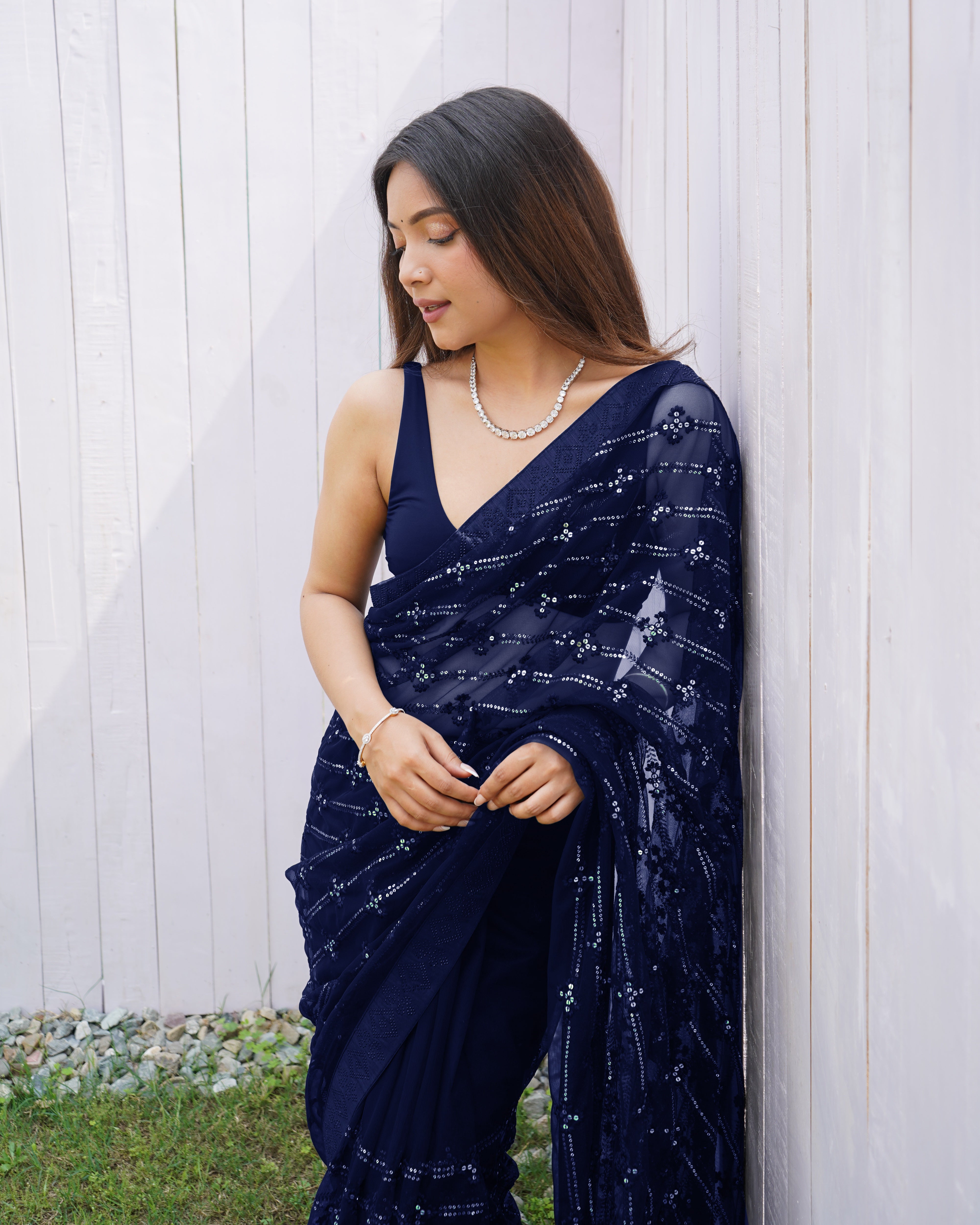 Blue Graceful Butterfly Net Sequins Embroidery Saree With Diamond Work