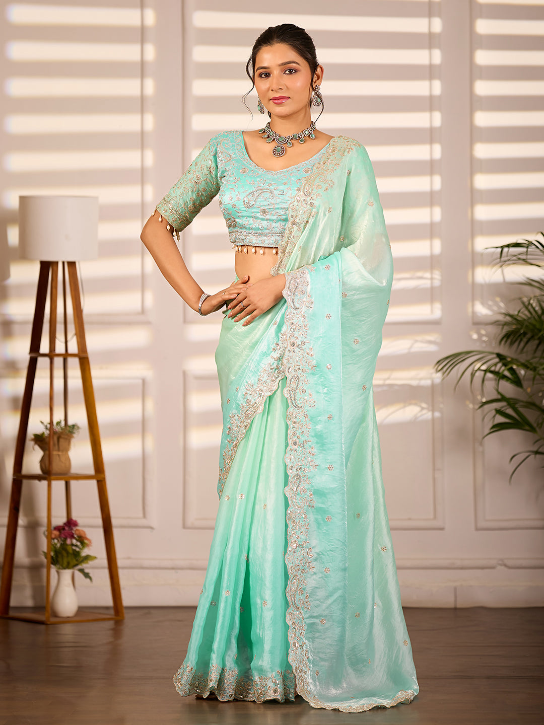 Blue Green Dual Tone Satin Silk Party Wear Saree With Sequins Embroidery