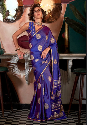 Blue Handloom Satin Saree With Jacquard Satin Handloom Woven Work
