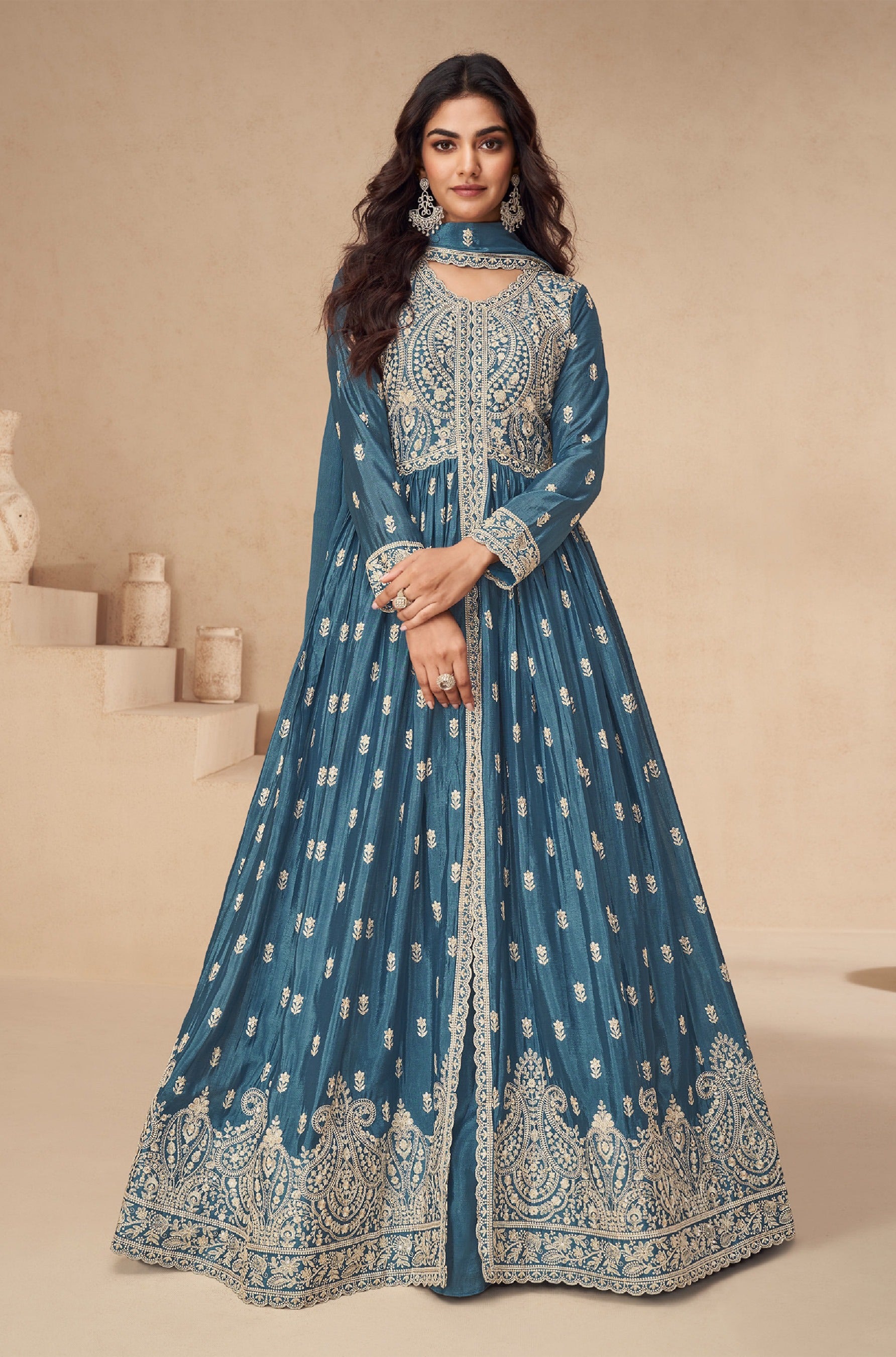 Blue Heavy Designer Suit With Heavy Embroidery Work