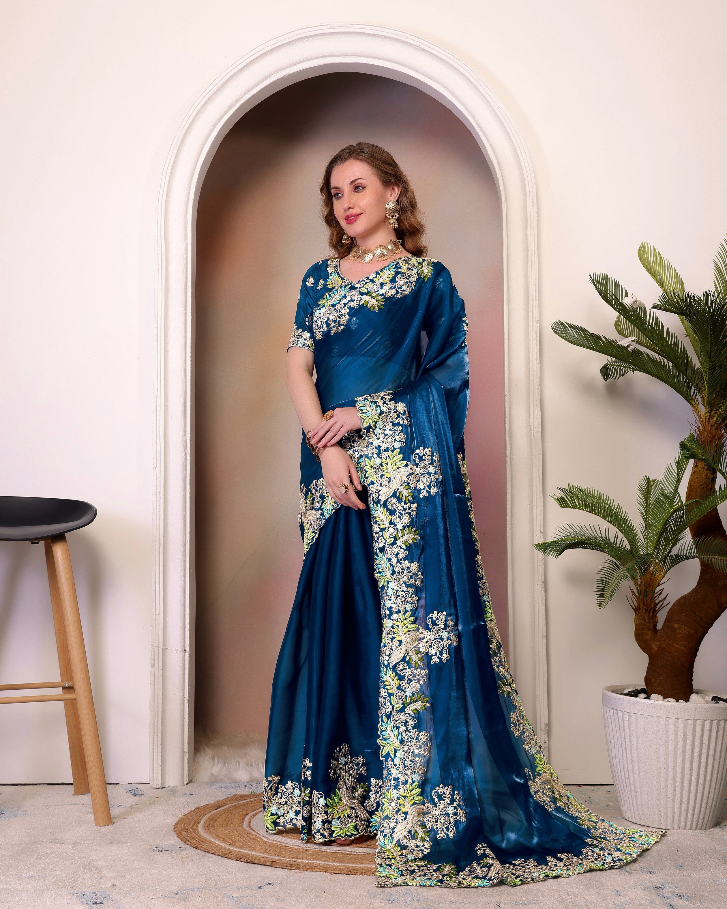 Blue Jimmy Choo Heavy Sequins Work Partywear Saree