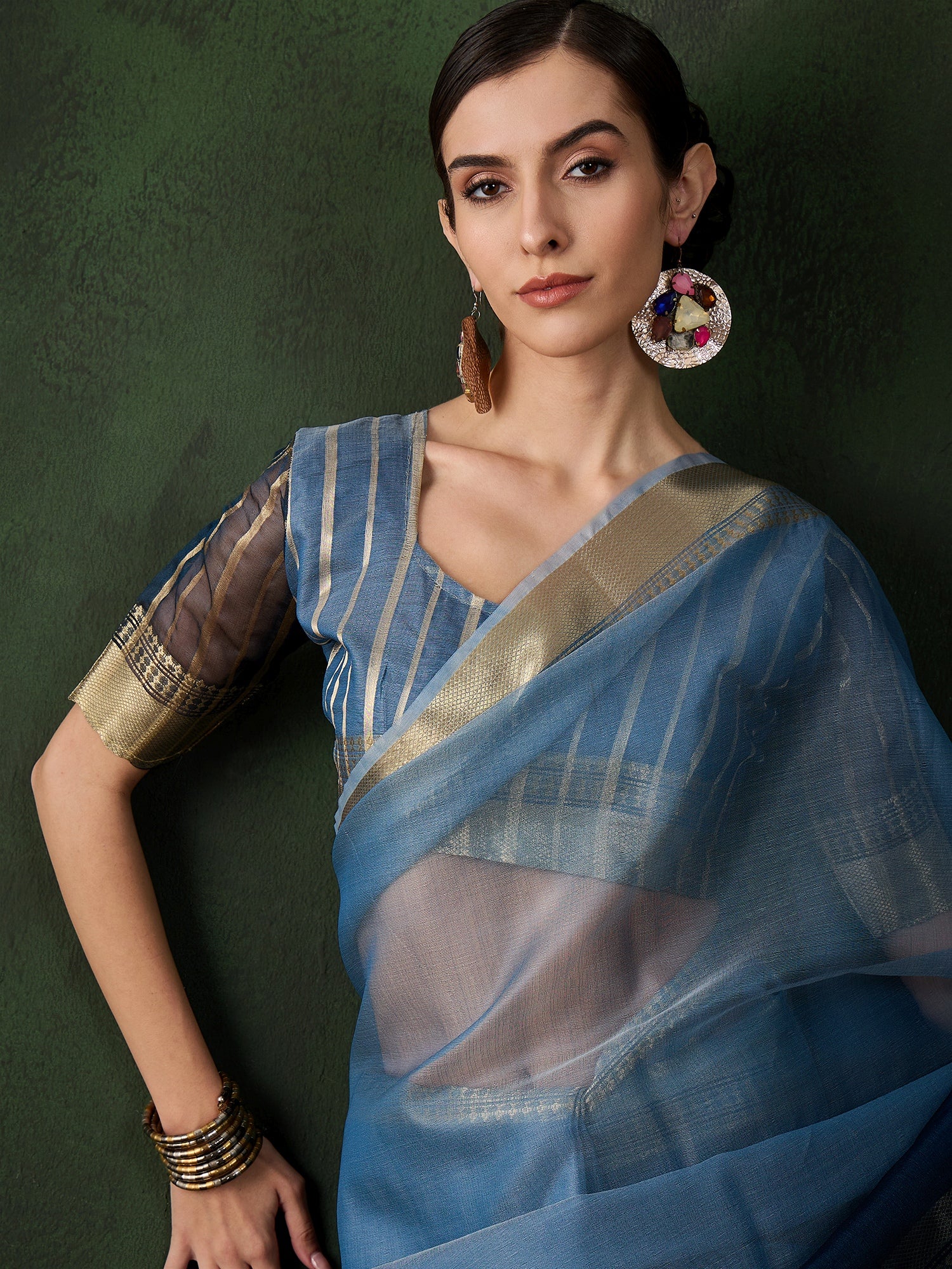 Blue Khadi Organza Fabric Beautiful Woven Jacquard Designer Saree