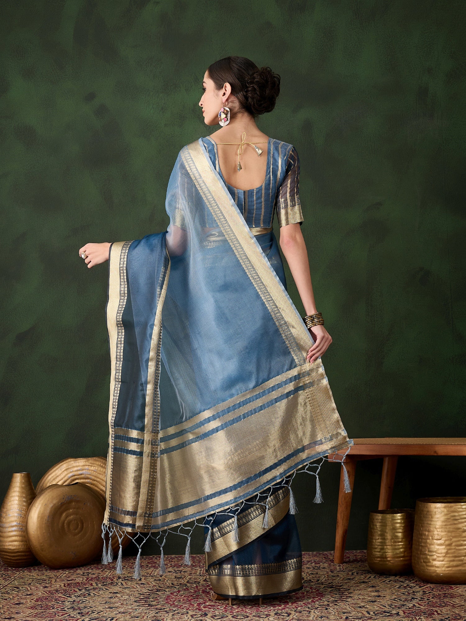 Blue Khadi Organza Fabric Beautiful Woven Jacquard Designer Saree
