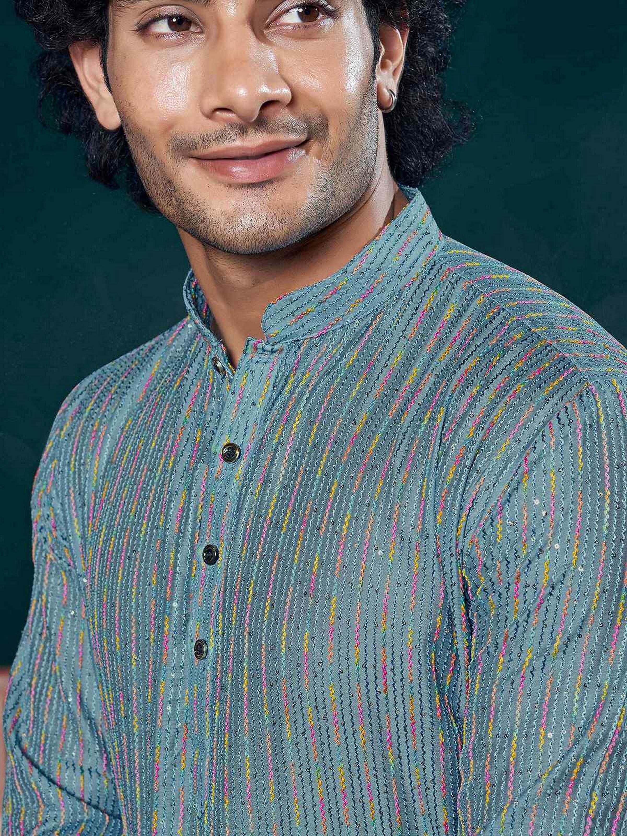 Blue Kurta Payjama with Sequins Embroidery – Stylish Traditional Attire