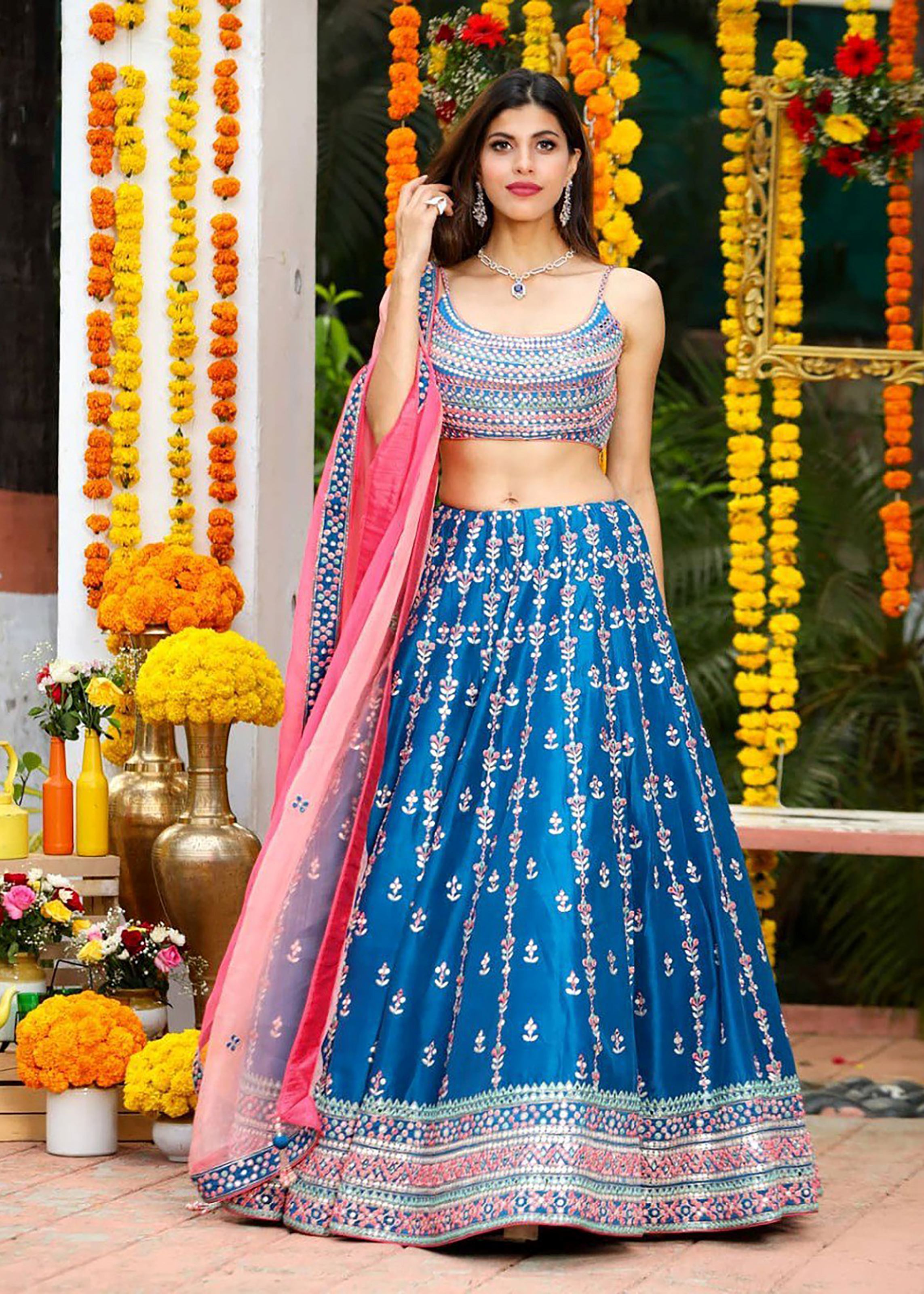 Blue Lehenga Choli With Sequins With Thread And Jari Embroidery Work