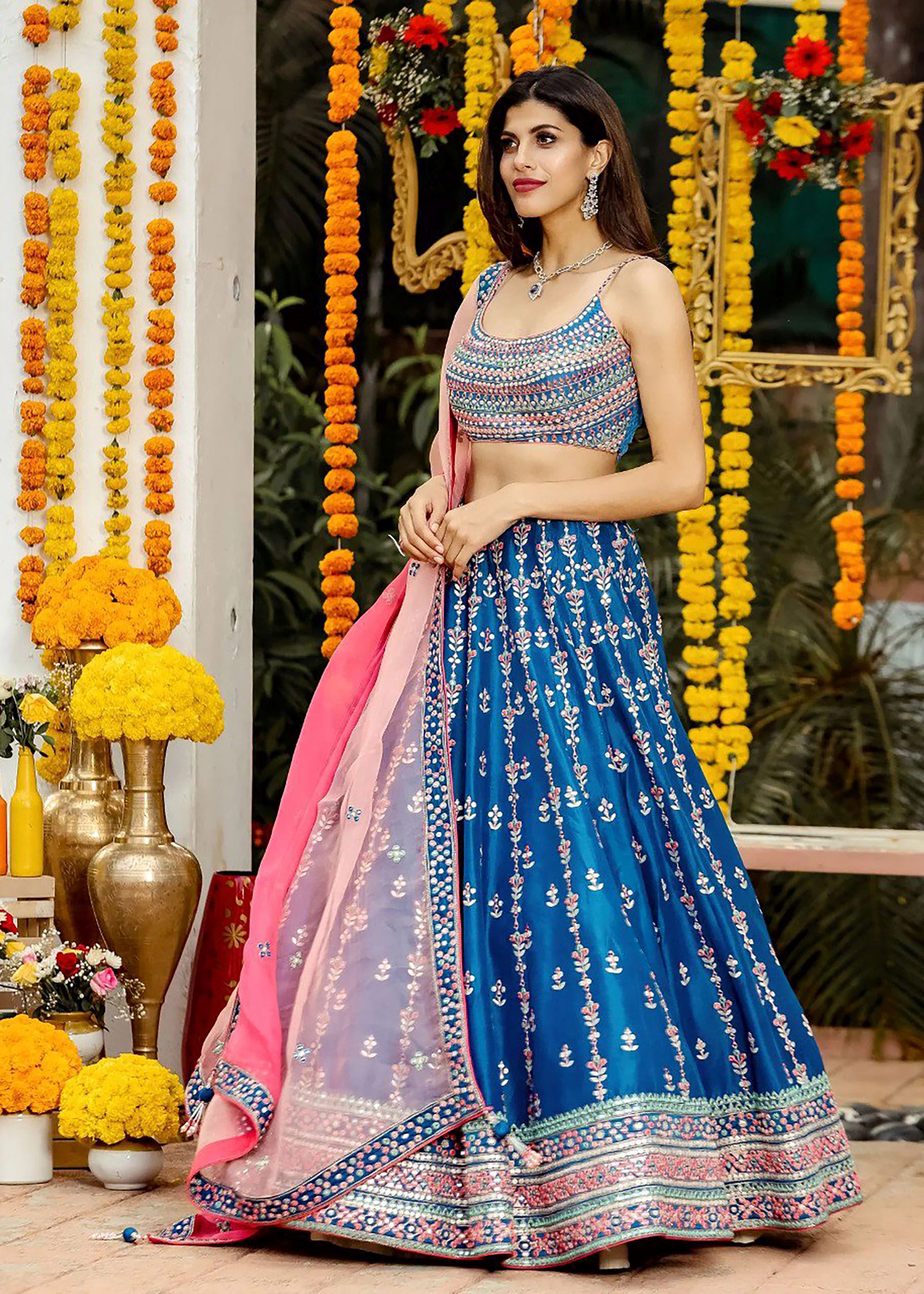 Blue Lehenga Choli With Sequins With Thread And Jari Embroidery Work