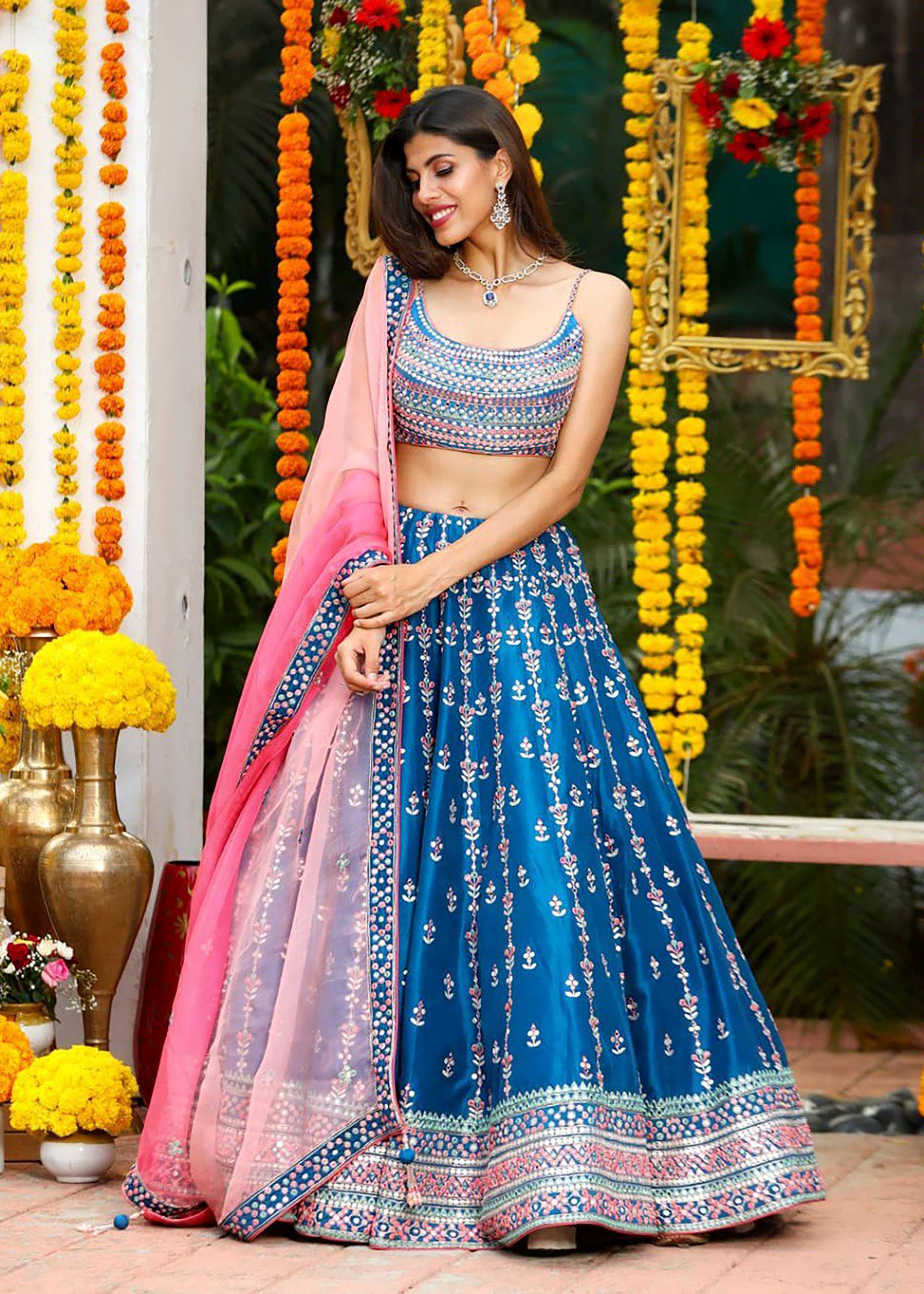Blue Lehenga Choli With Sequins With Thread And Jari Embroidery Work