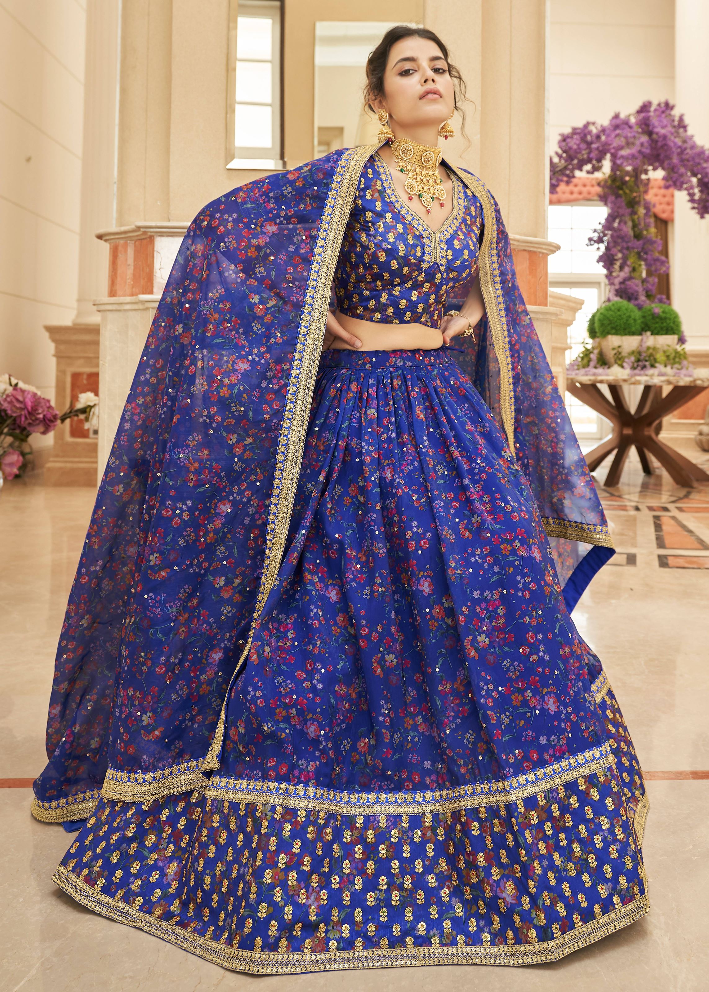 Blue Lehenga Choli With Thread, Zari, Dori And Sequins Embroidery Work