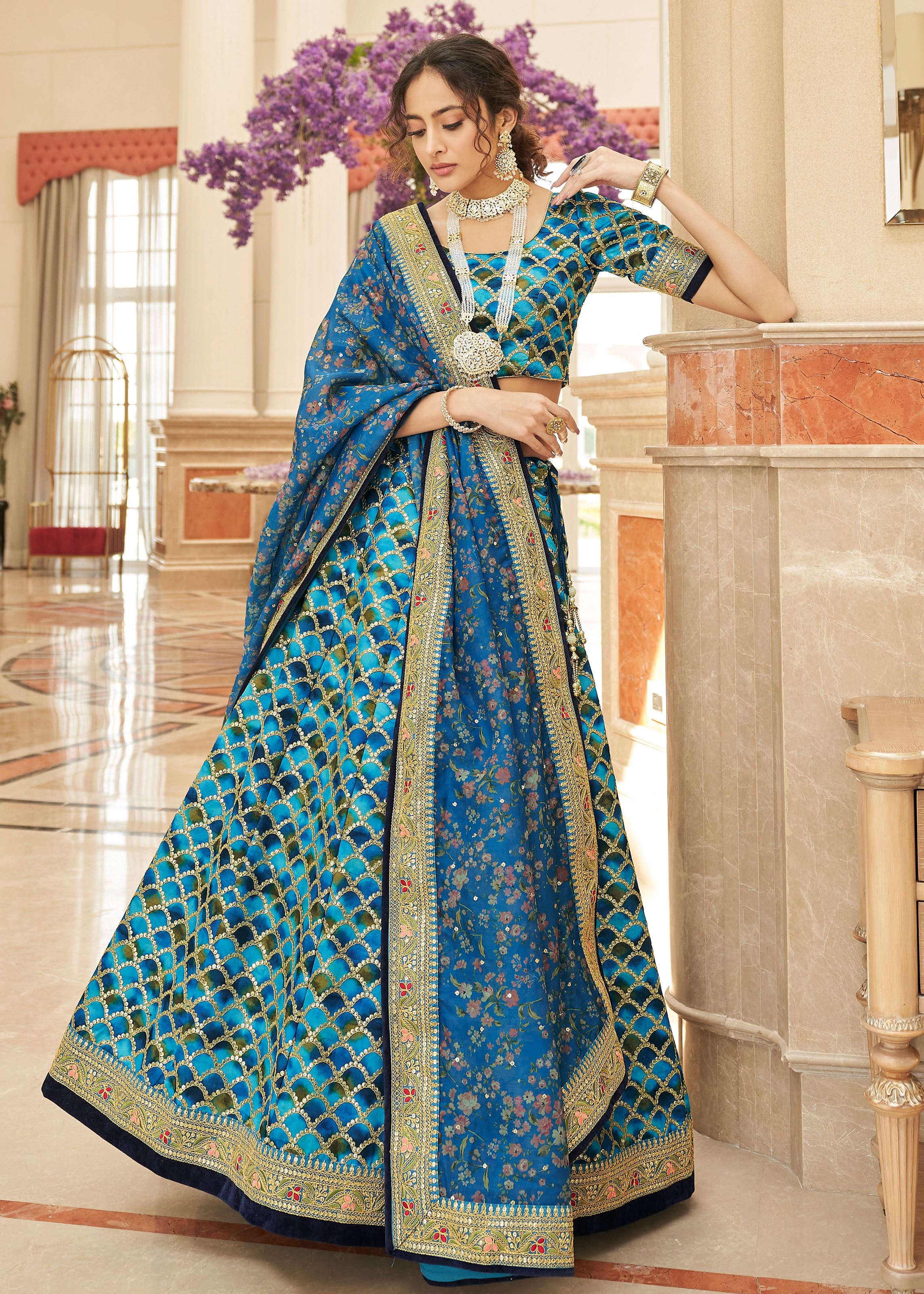 Blue Lehenga Choli With Thread, Zari, Dori And Sequins Embroidery Work