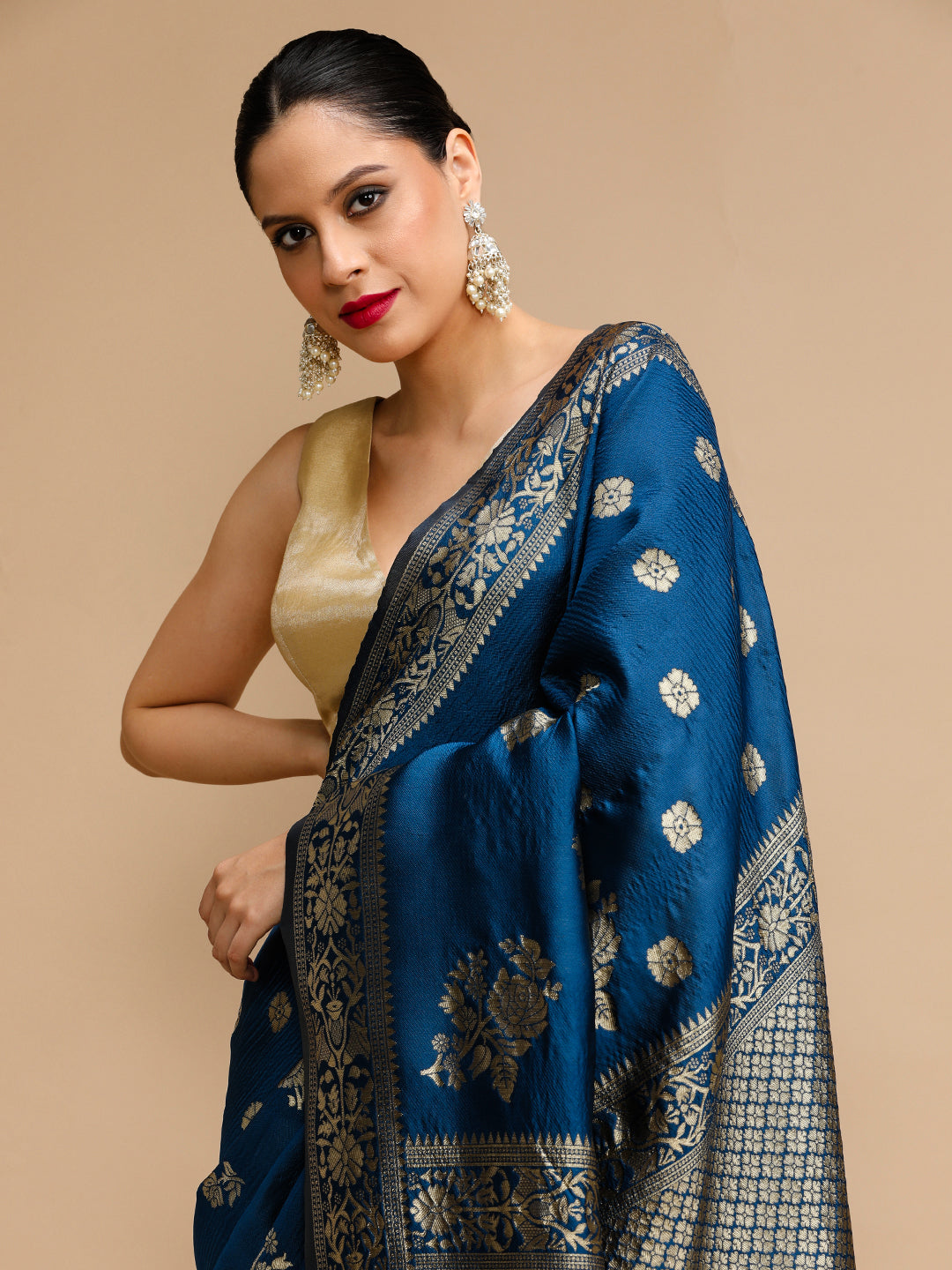 Blue Lichi Silk Saree Woven Jacquard Designer For Ceremonial Looks