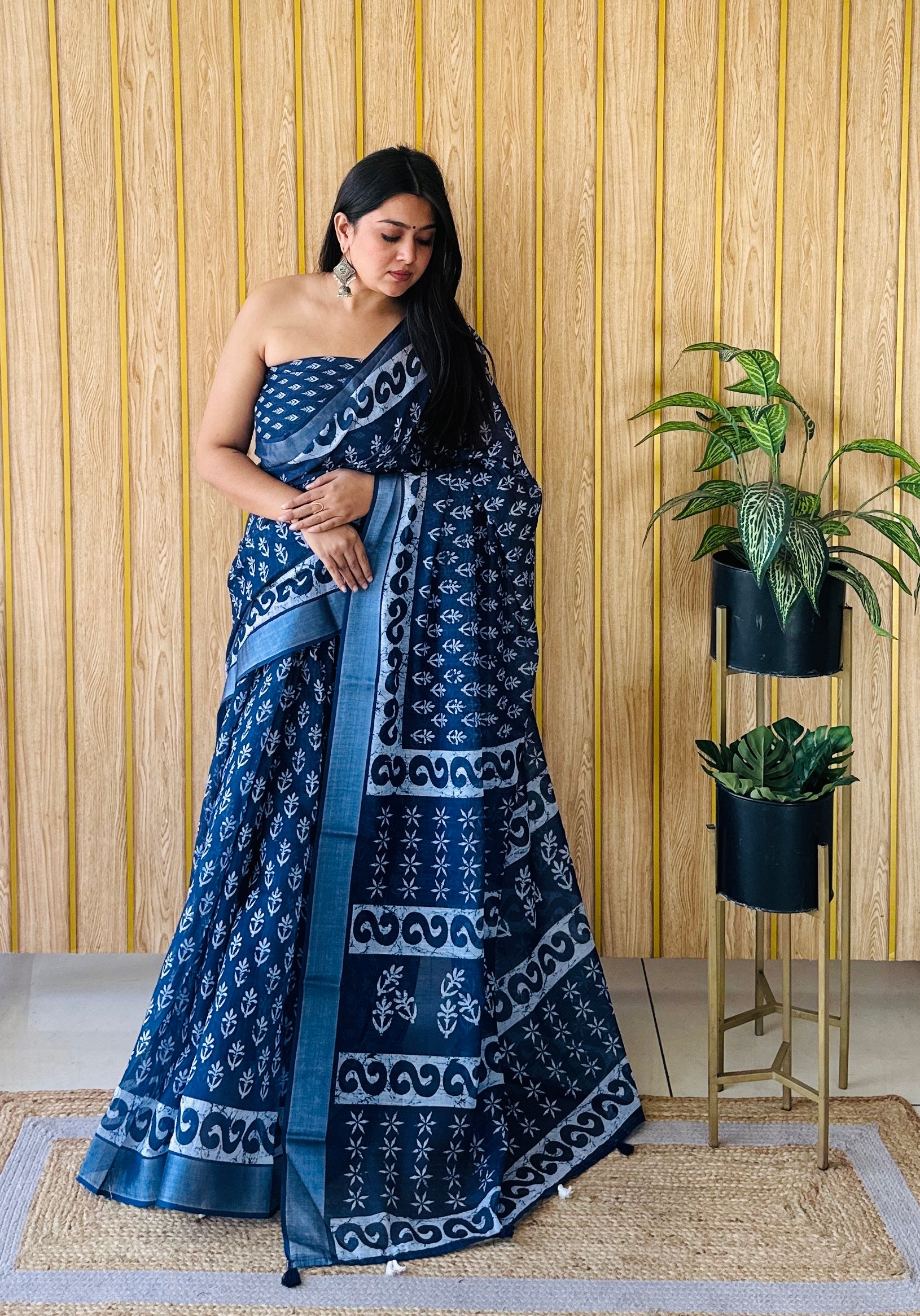 Blue Linen Cotton Digital Batik Printed Traditional Looks Saree