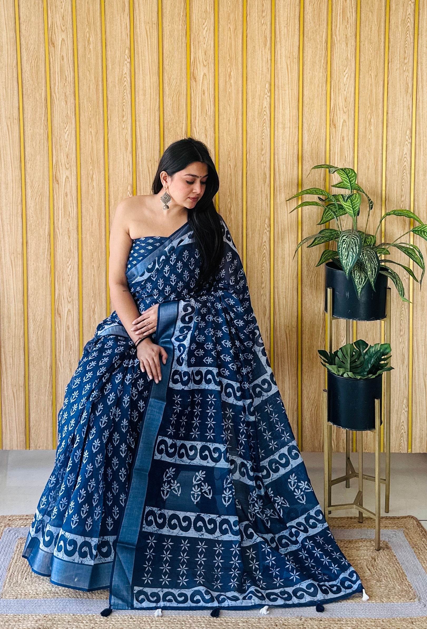 Blue Linen Cotton Digital Batik Printed Traditional Looks Saree