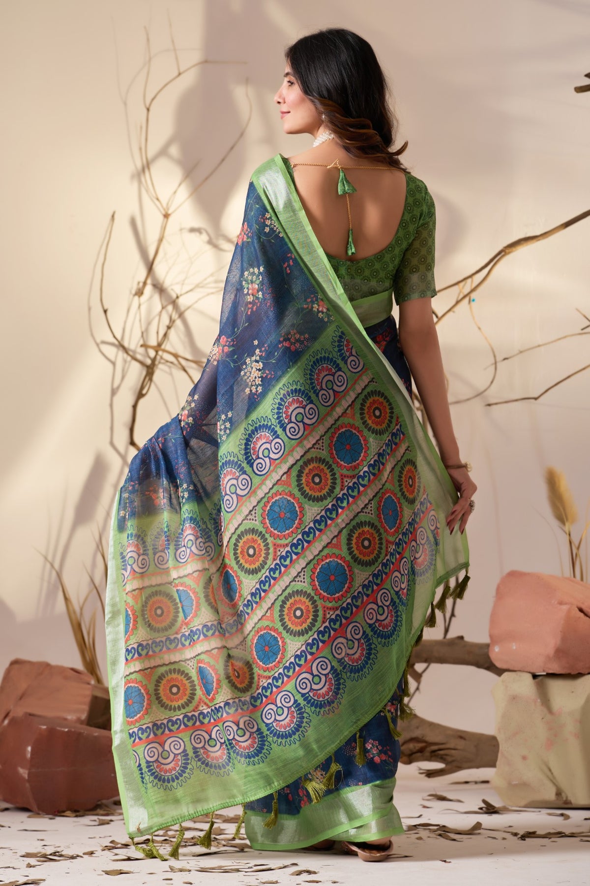 Blue Linen Cotton Saree With Digital Printed Premium Designer Saree