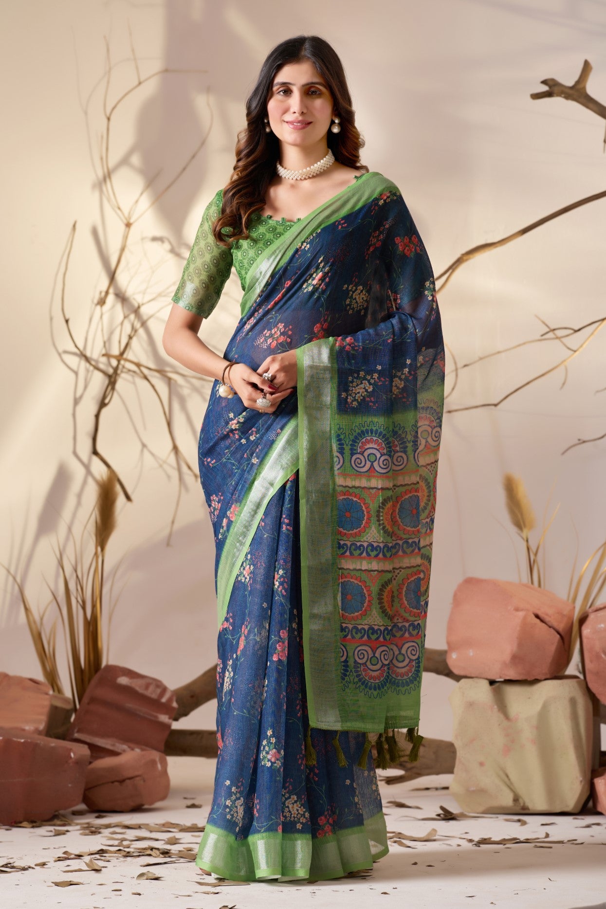 Blue Linen Cotton Saree With Digital Printed Premium Designer Saree