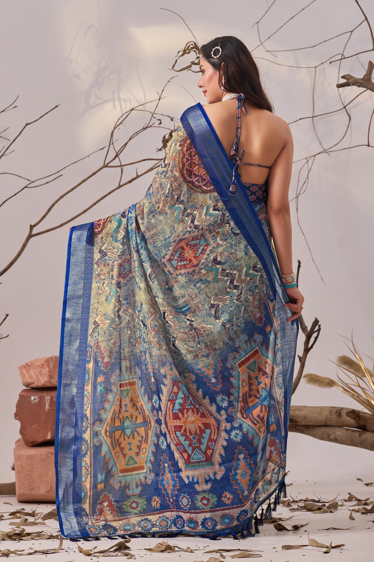 Blue Linen Cotton Saree with Digital Print