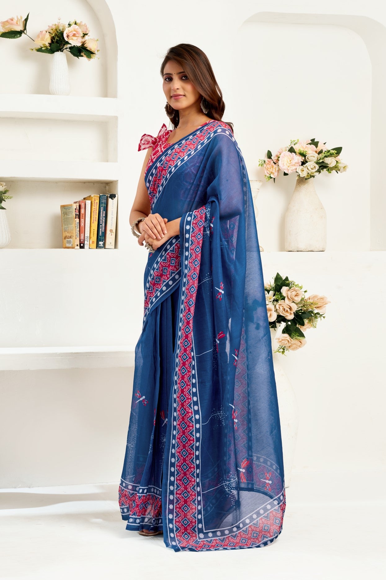 Blue Linen Ready To Wear Saree With Zari Border Printed