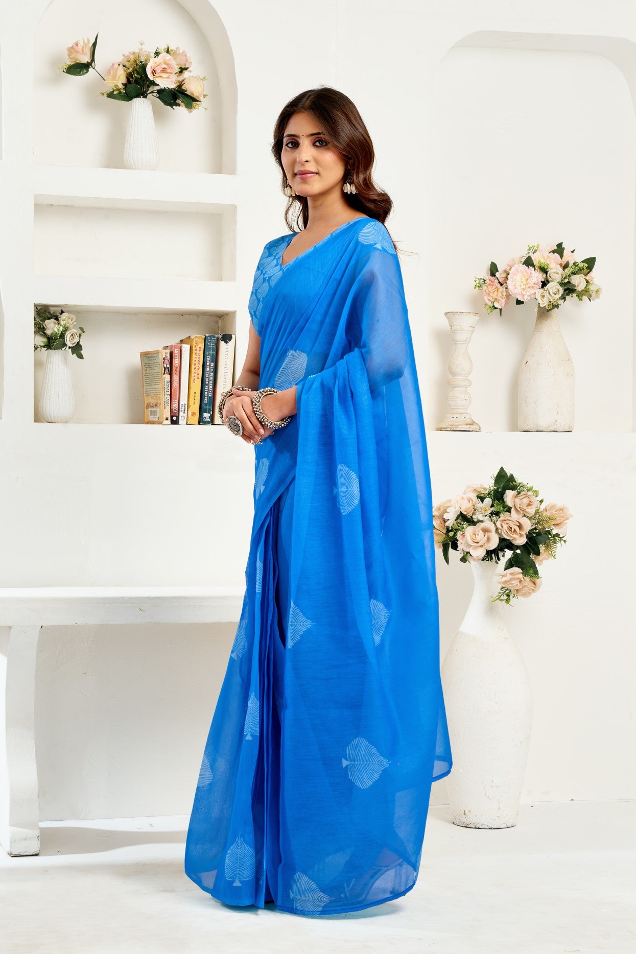 Blue Linen Ready To Wear Saree With Zari Border Printed