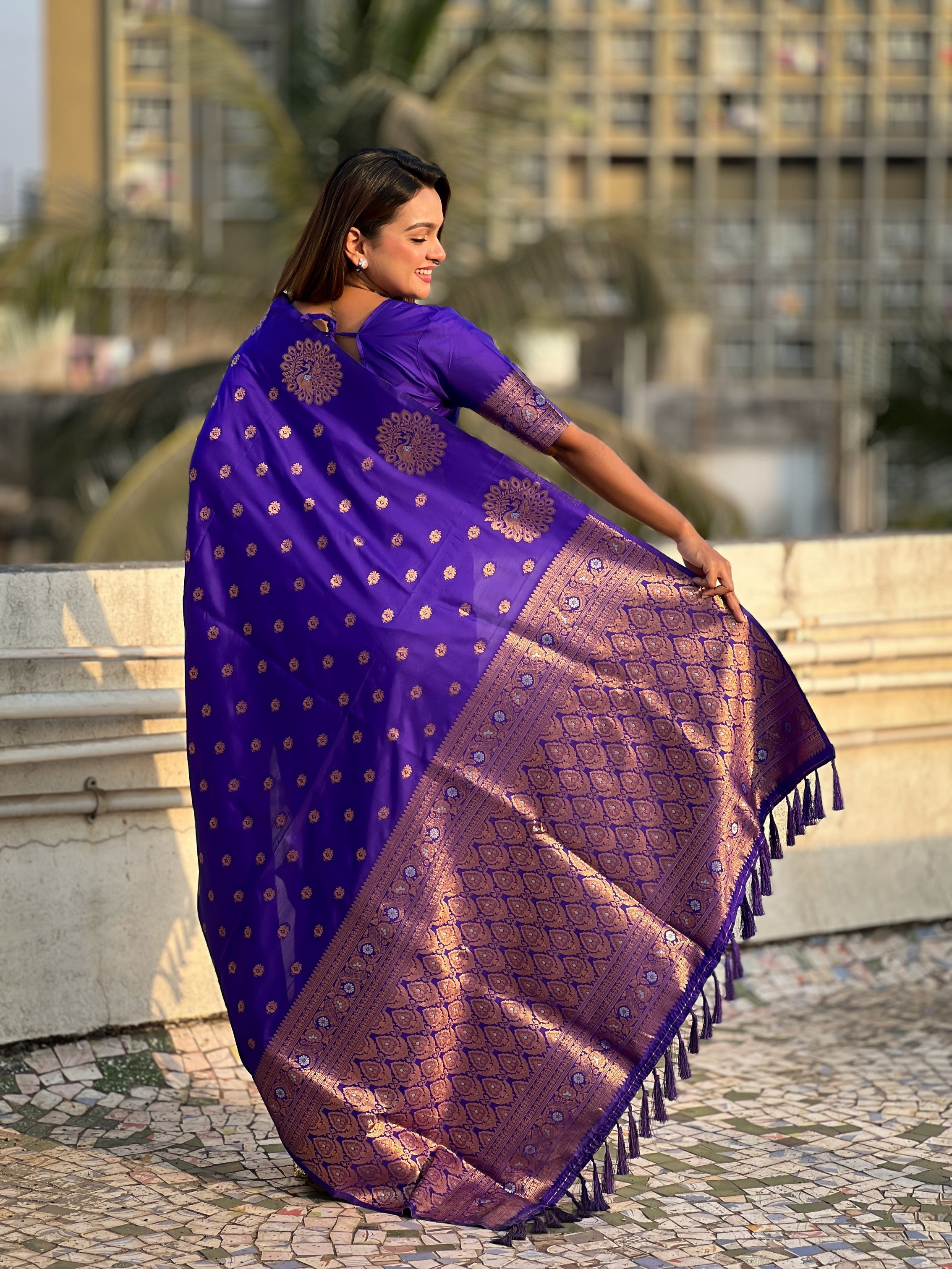 Blue Moonga Silk Woven Dual Jari Peacock Designer Heavy Festive Wear Saree