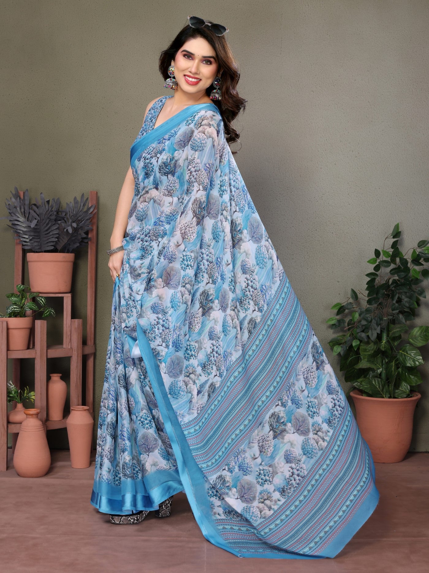 Blue Moss Satin Patta Saree with Digital Print