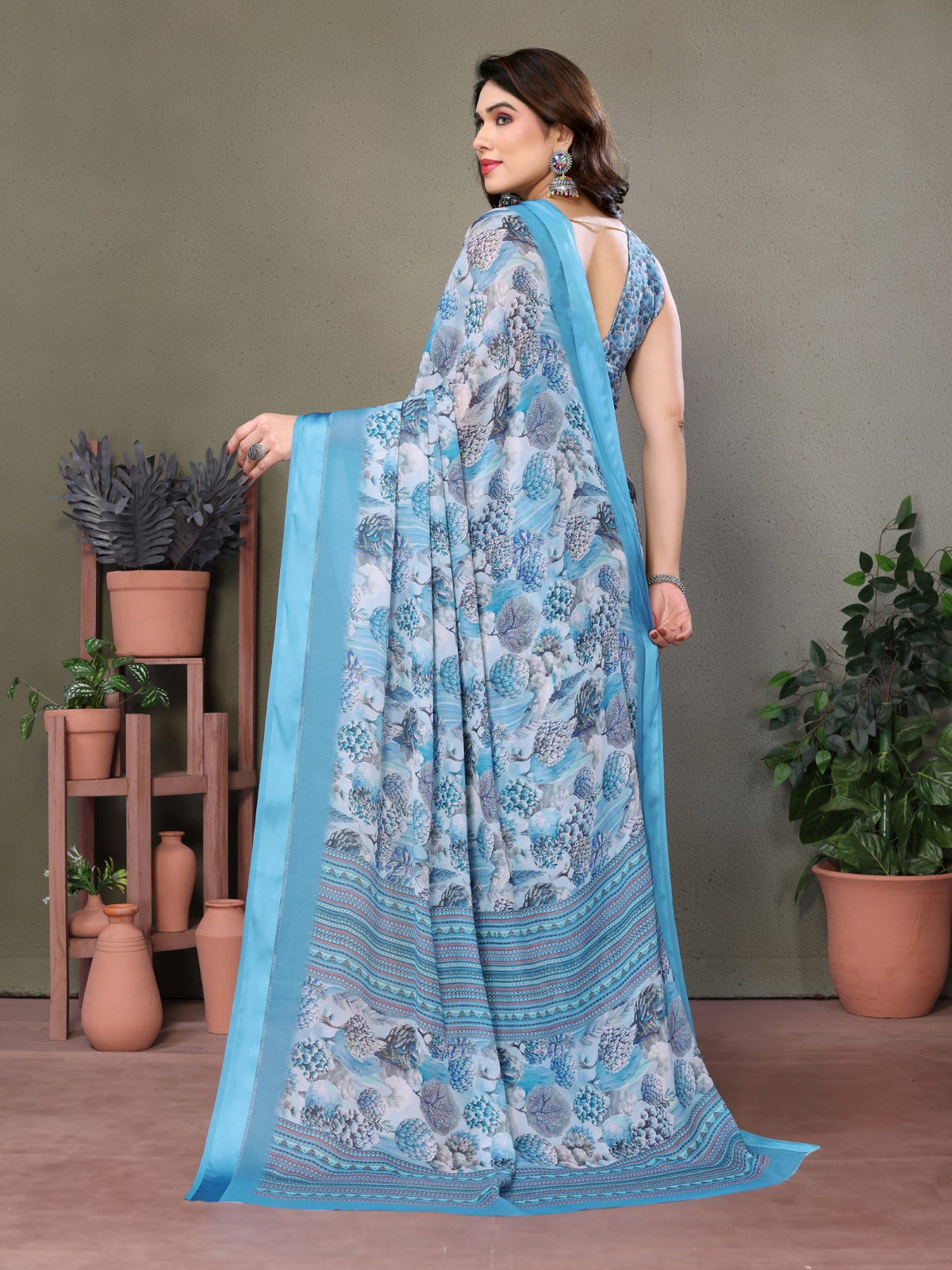 Blue Moss Satin Patta Saree with Digital Print