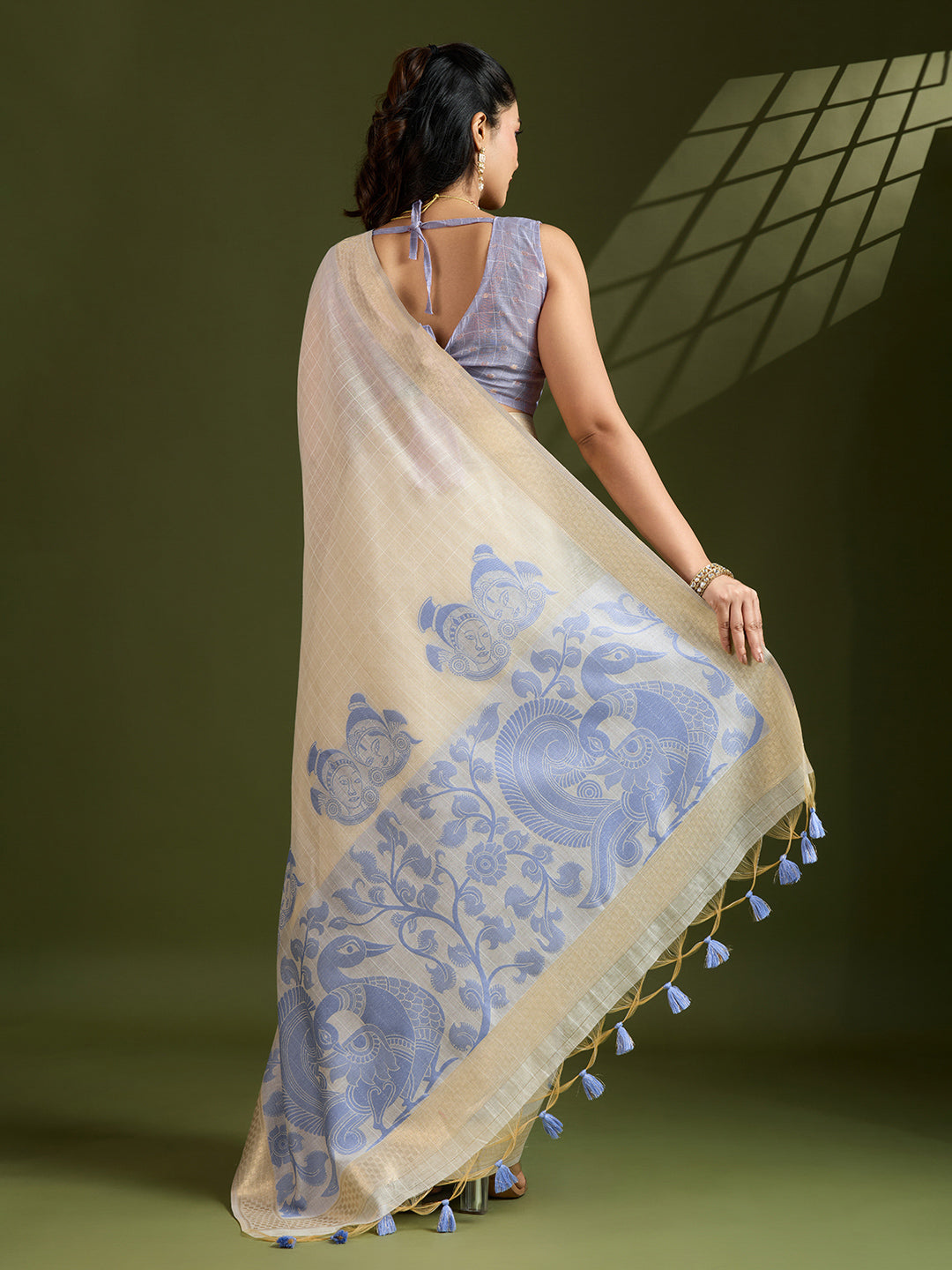 Blue Muga Cotton Saree with Self Checks and Kalamkari Pallu