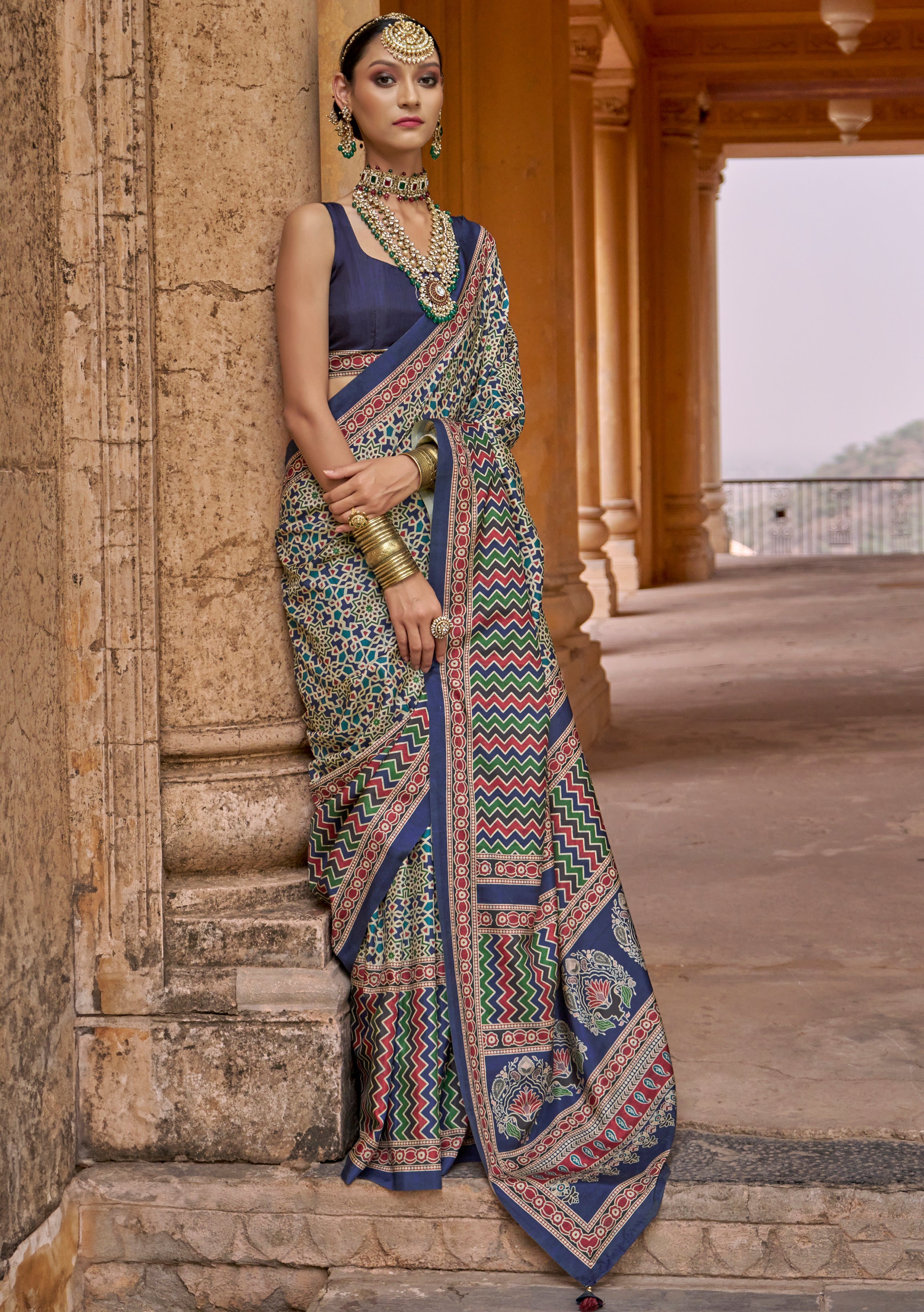Blue Multicolor PV Silk Saree with Ajrakh Print and Croma Finish