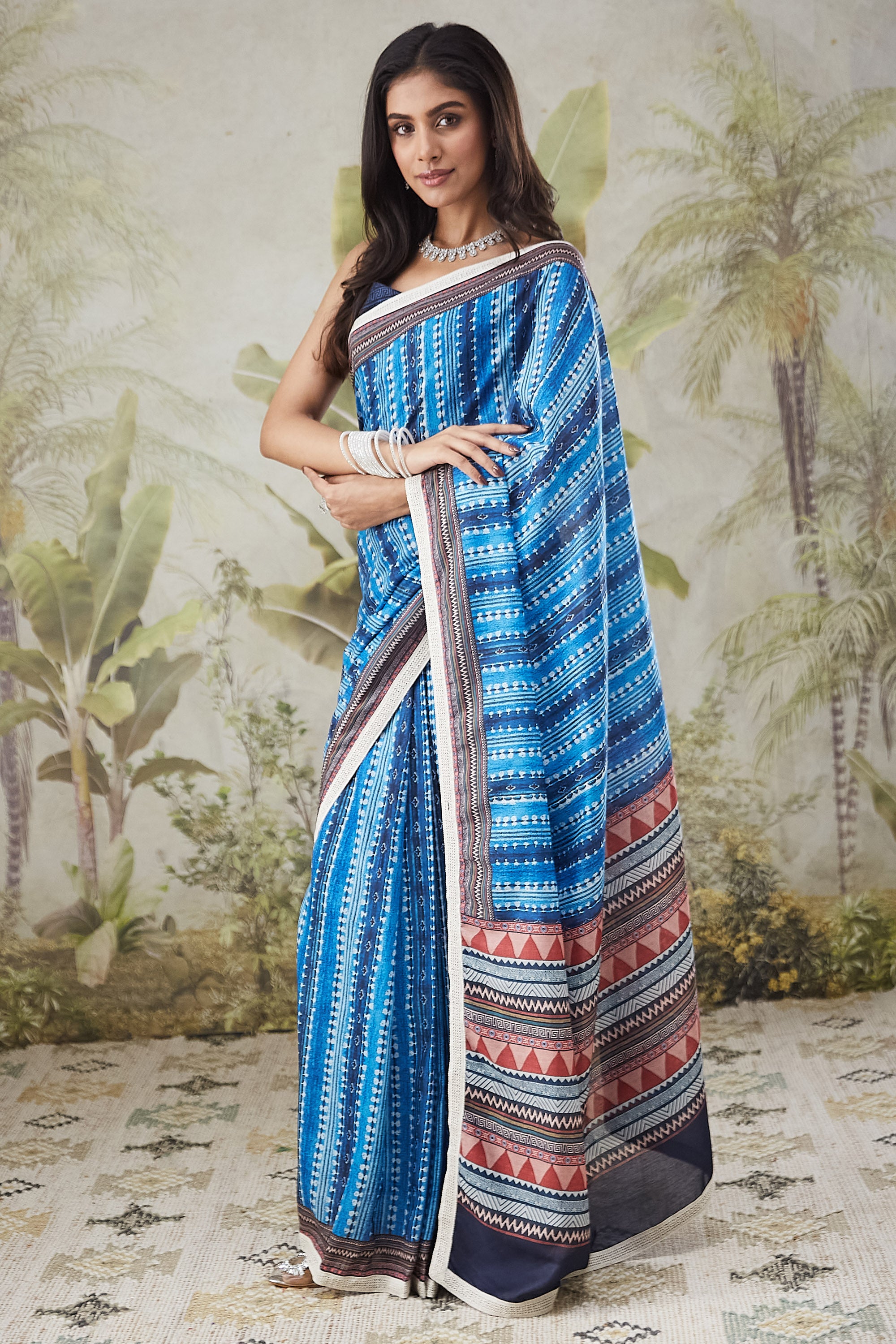 Blue Muslin Designer Printed Ready To Wear Saree