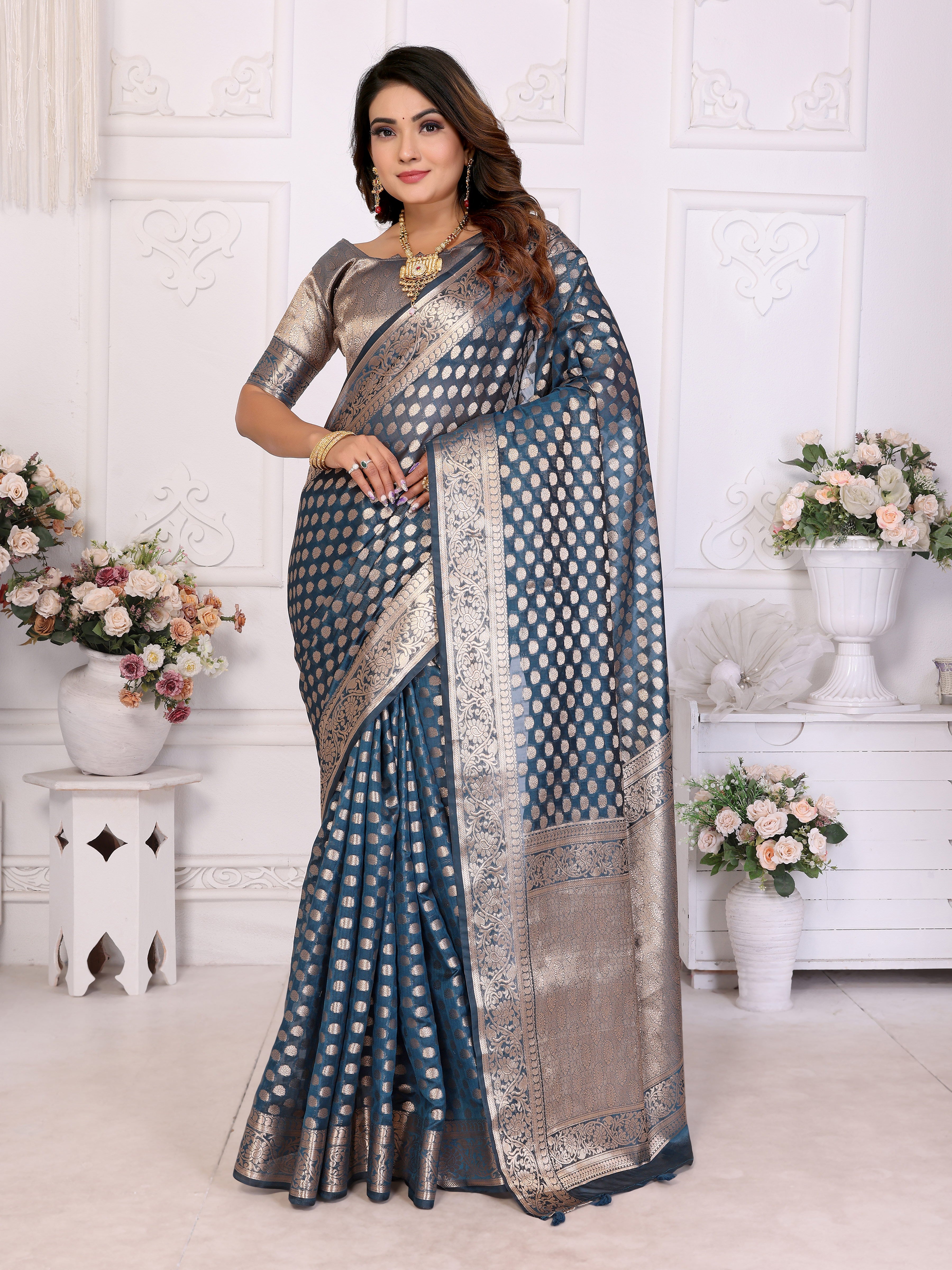 Blue Organza Gold Zari Designer Ceremonial Saree