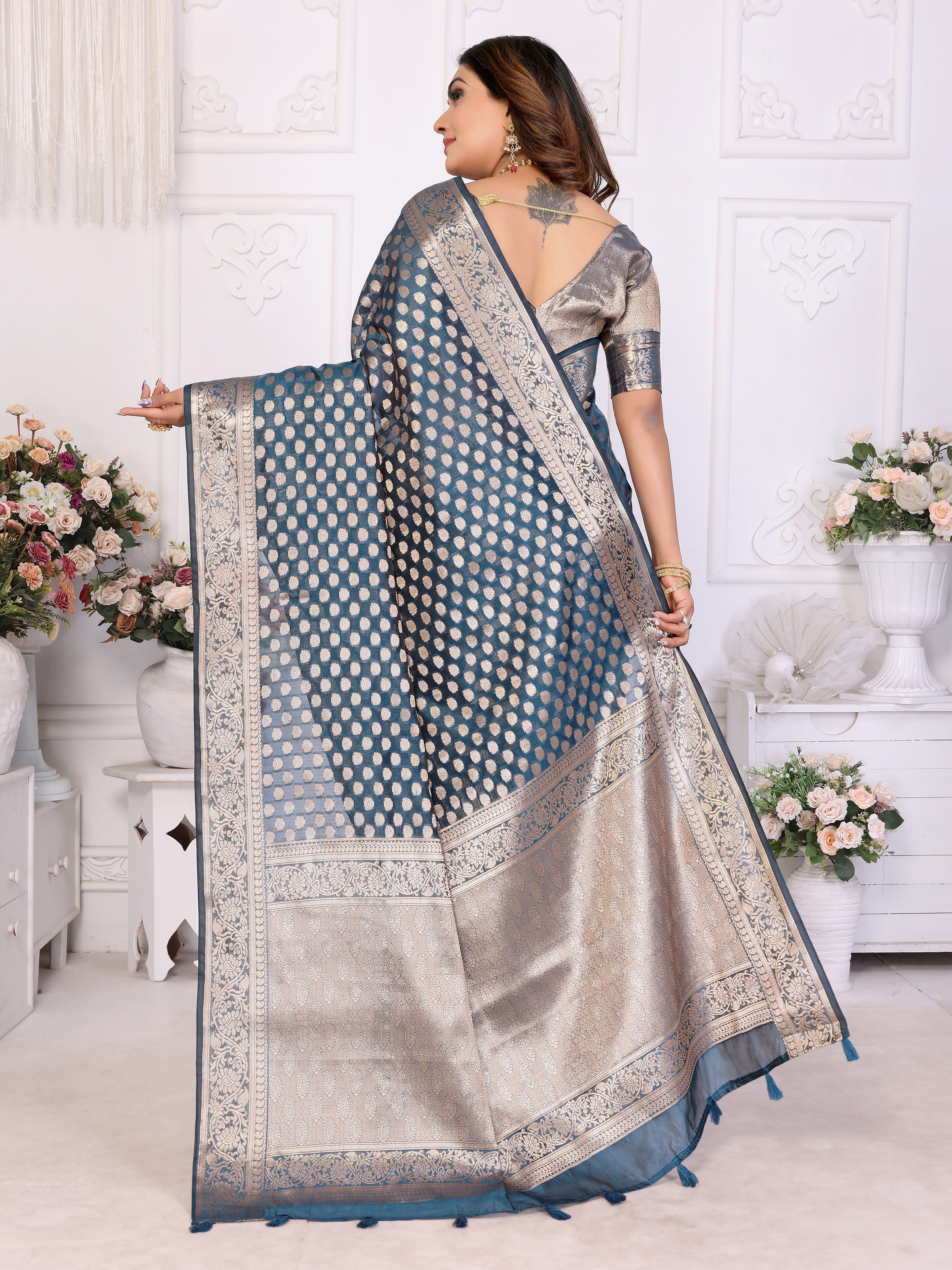 Blue Organza Gold Zari Designer Ceremonial Saree
