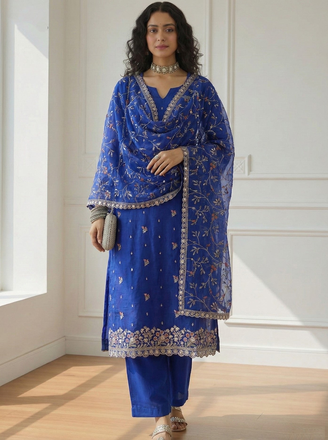 Blue Organza Salwar Suit With Thread Embroidery