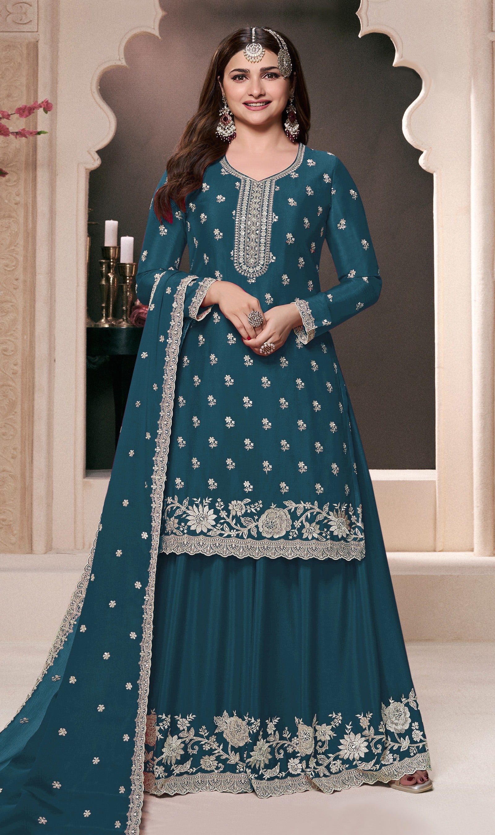 Blue Palazzo Style Salwar Suit With Heavy Embroidery Work
