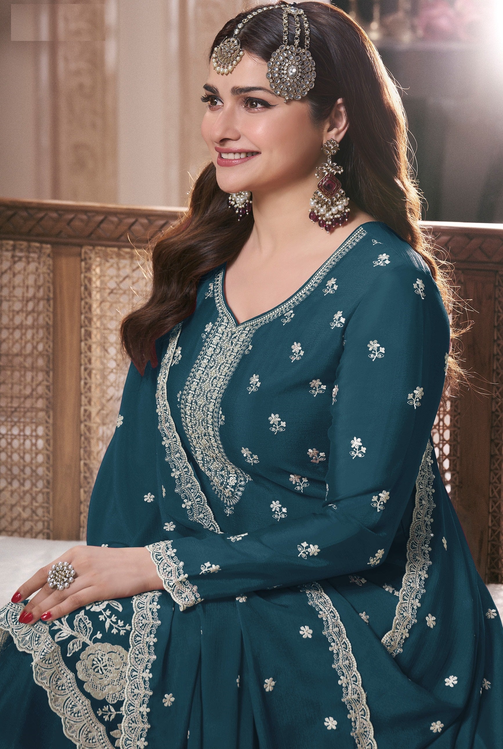 Blue Palazzo Style Salwar Suit With Heavy Embroidery Work
